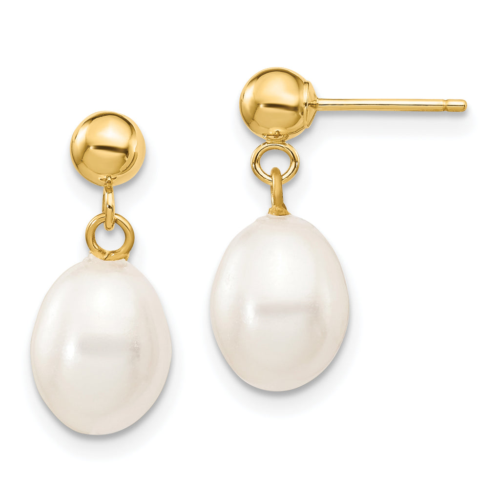 10k 7-8mm White Rice Freshwater Cultured Pearl Dangle Post Earrings