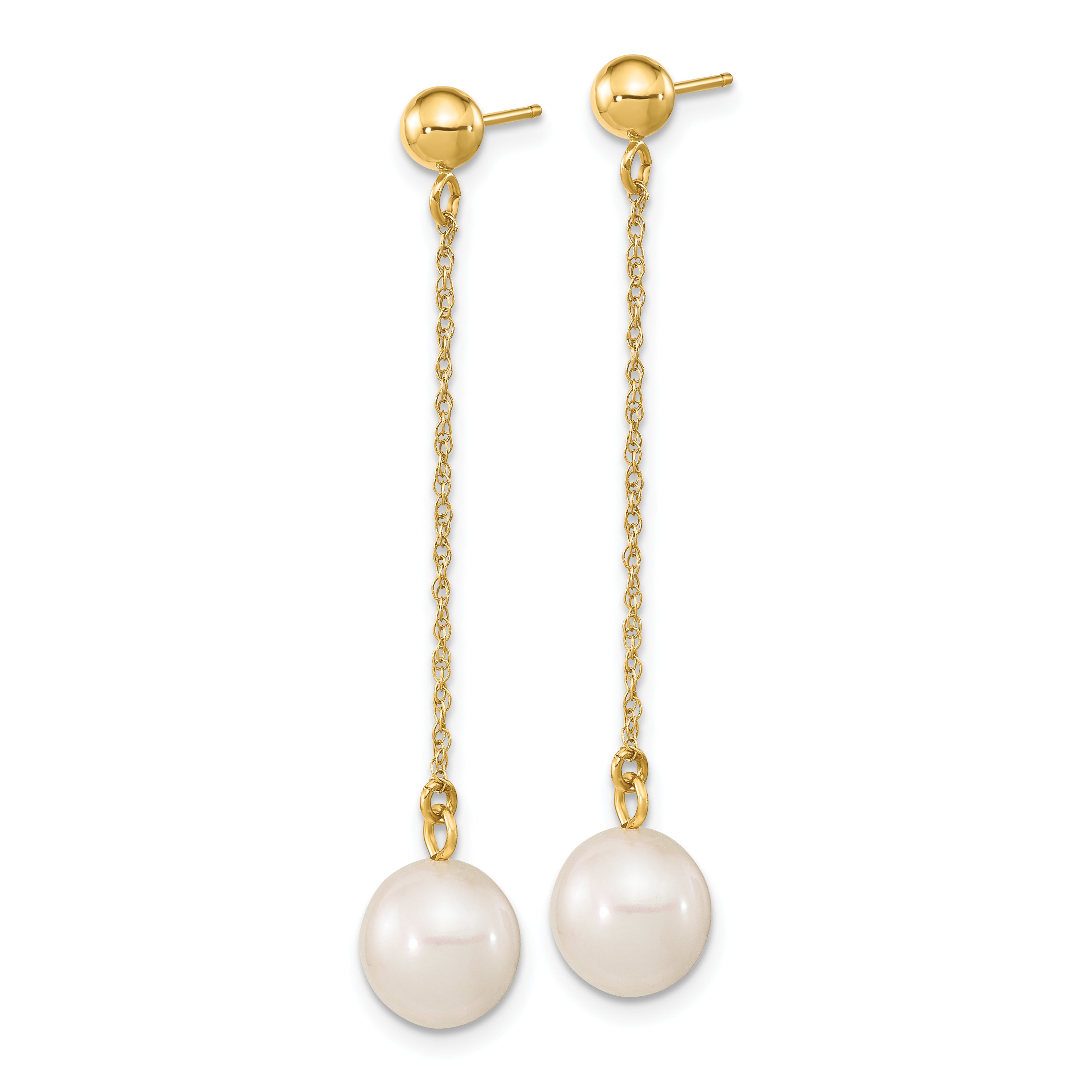 10k 7-8mm White Round Freshwater Cultured Pearl Dangle Post Earrings Secondary image