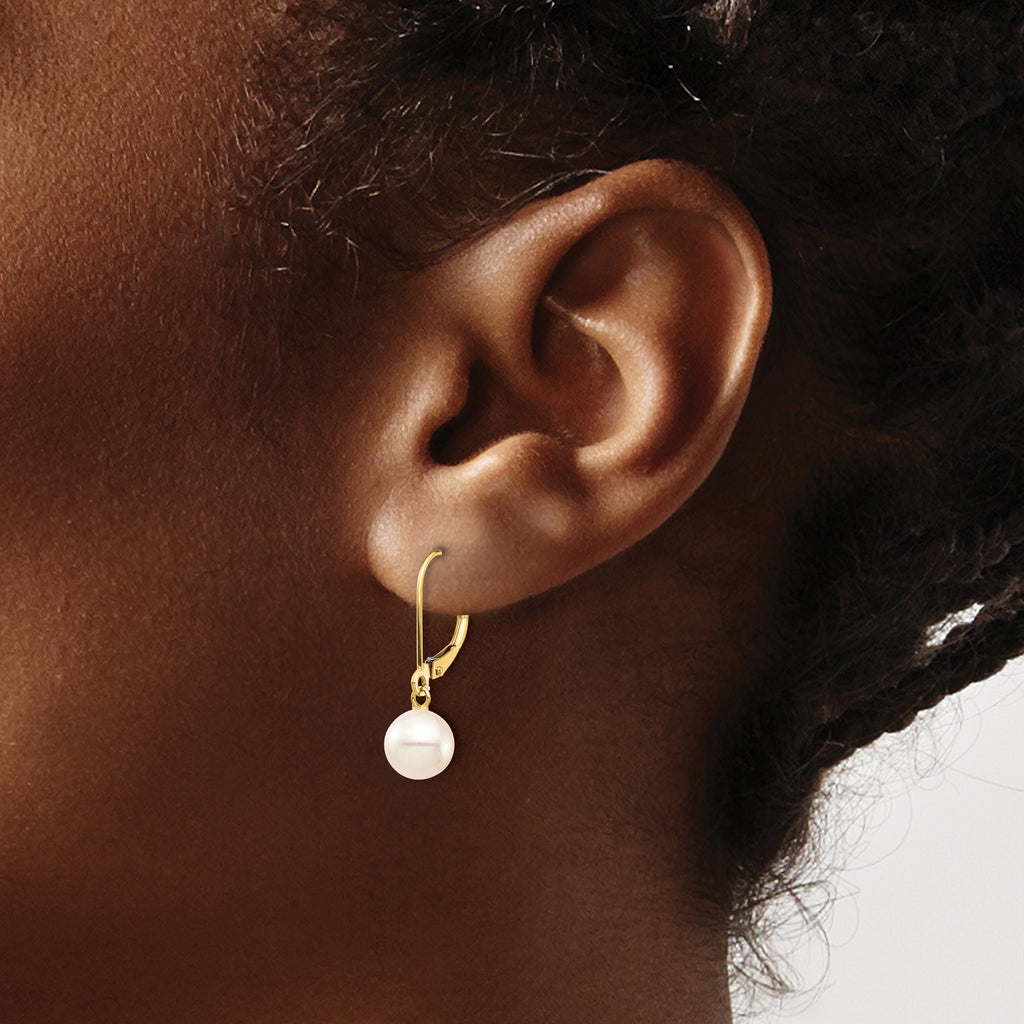 10k 7-8mm White Round Freshwater Cultured Pearl Leverback Earrings