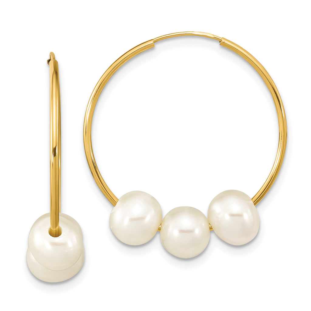10k 6-7mm White Semi-Round Freshwater Cultured Pearl Hoop Dangle