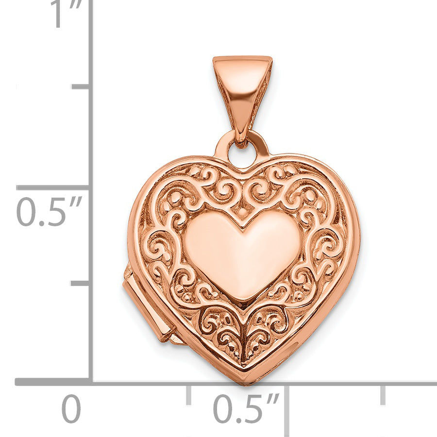 10K Rose Gold Polished 15mm Scroll Heart Locket Pendant
