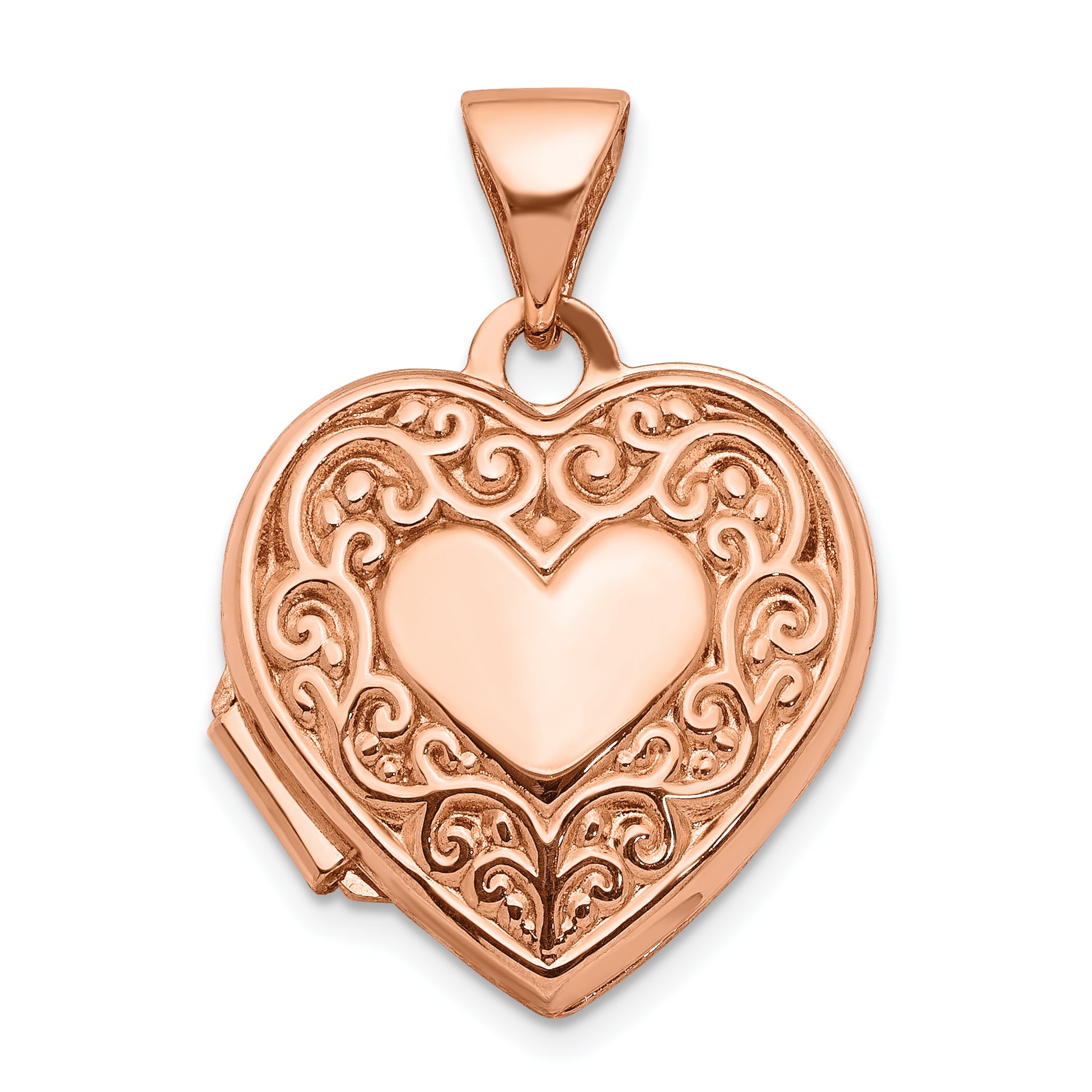 10K Rose Gold Polished 15mm Scroll Heart Locket Pendant
