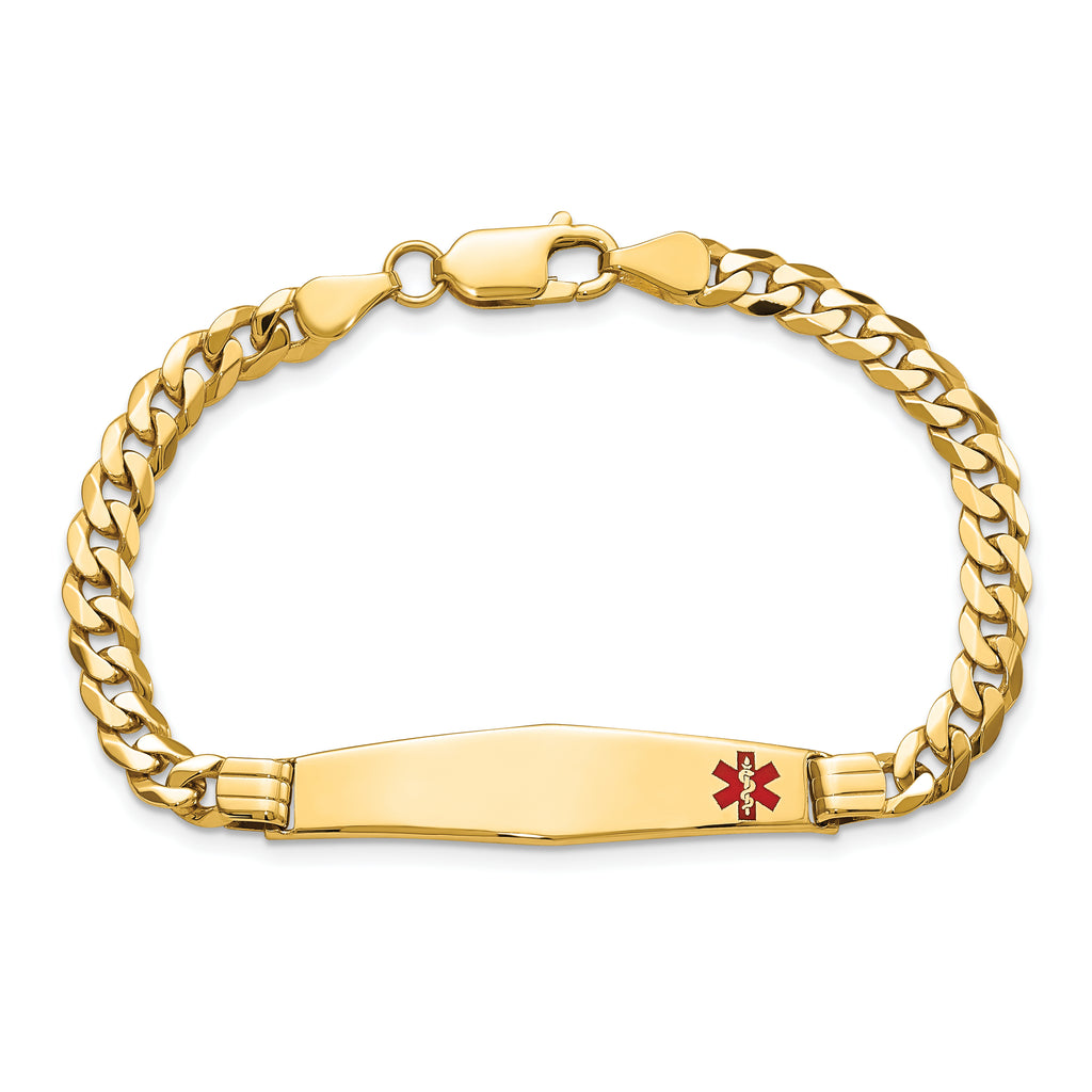 10 Karat Medical Solid Chain/Solid Plate Soft Diamond Shape 36x9mm Off-Center Red Enamel Curb Link 7 inch ID Bracelet - View 4