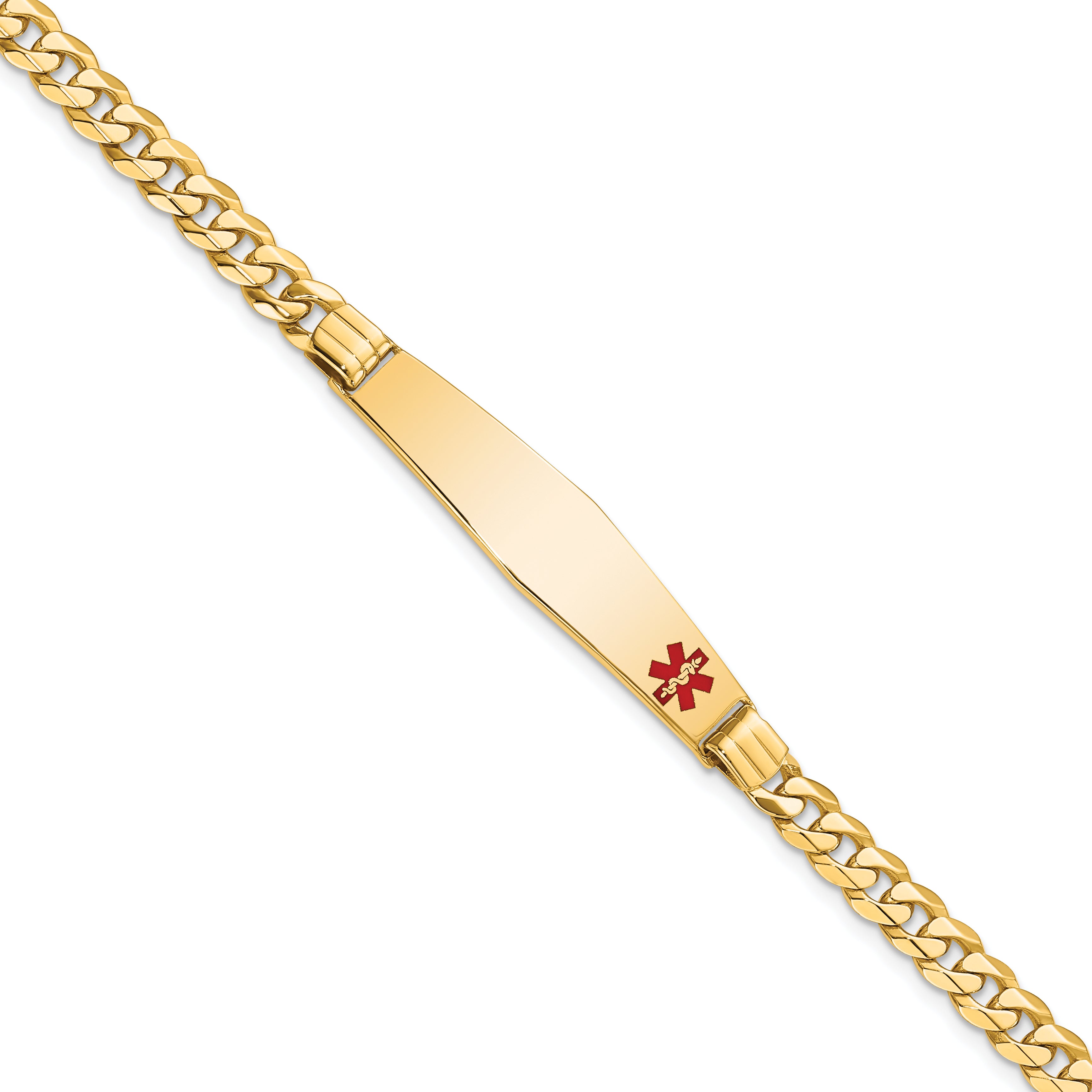 10 Karat Medical Solid Chain/Solid Plate Soft Diamond Shape 36x9mm Off-Center Red Enamel Curb Link 7 inch ID Bracelet | Sophia Jewelers