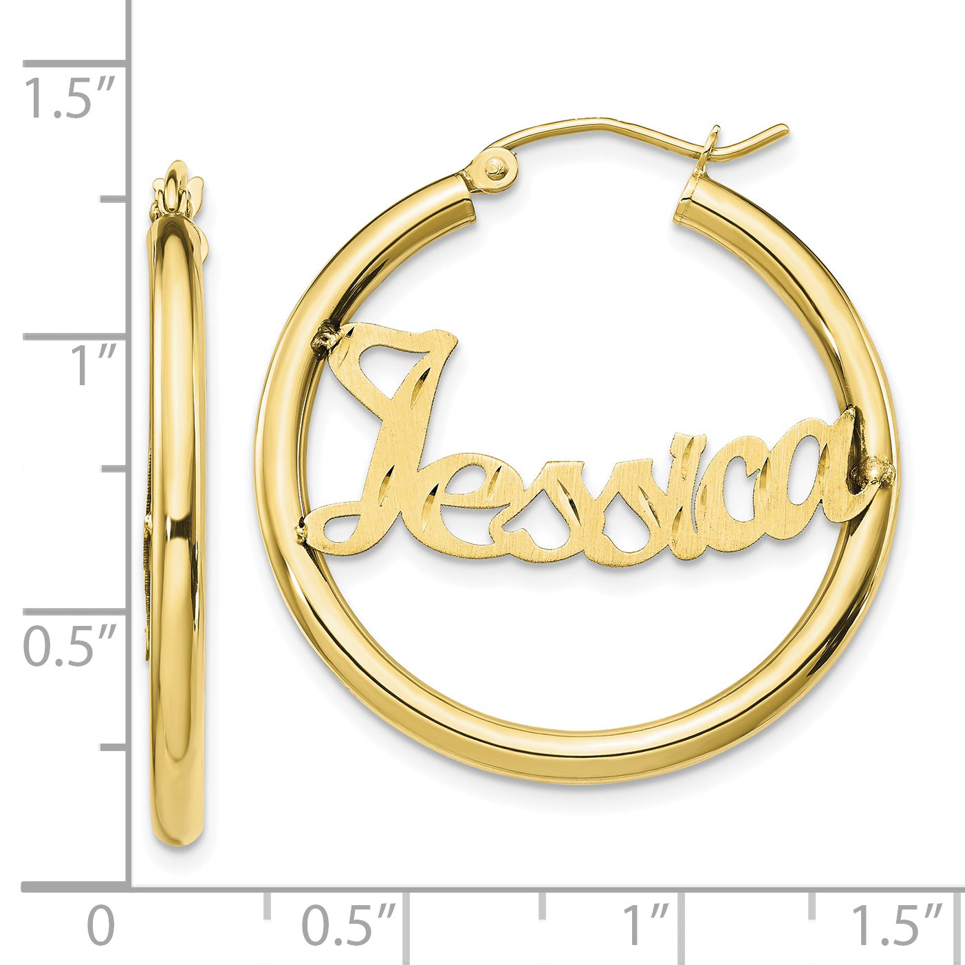 10k Yellow Gold Satin and Diamond-cut Name Plate Hoop Earrings