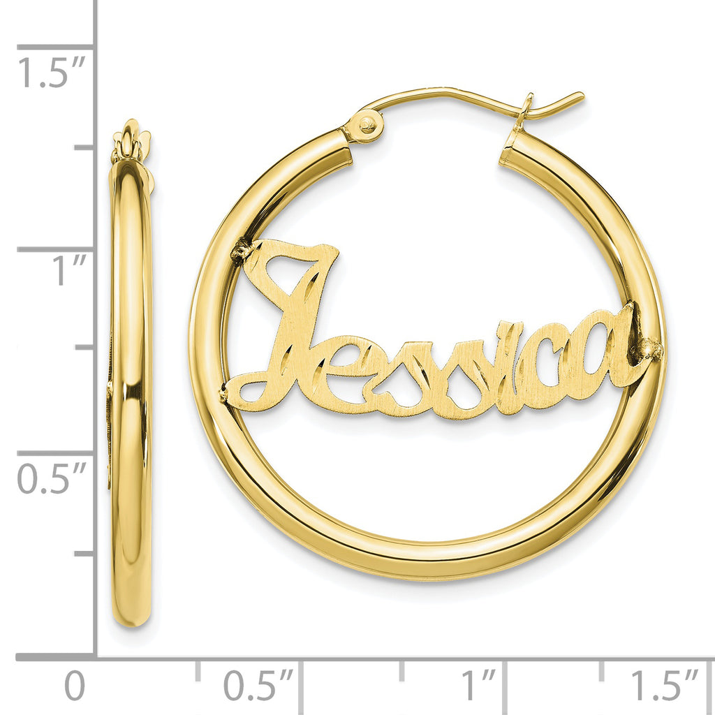10k Yellow Gold Satin and Diamond-cut Name Plate Hoop Earrings