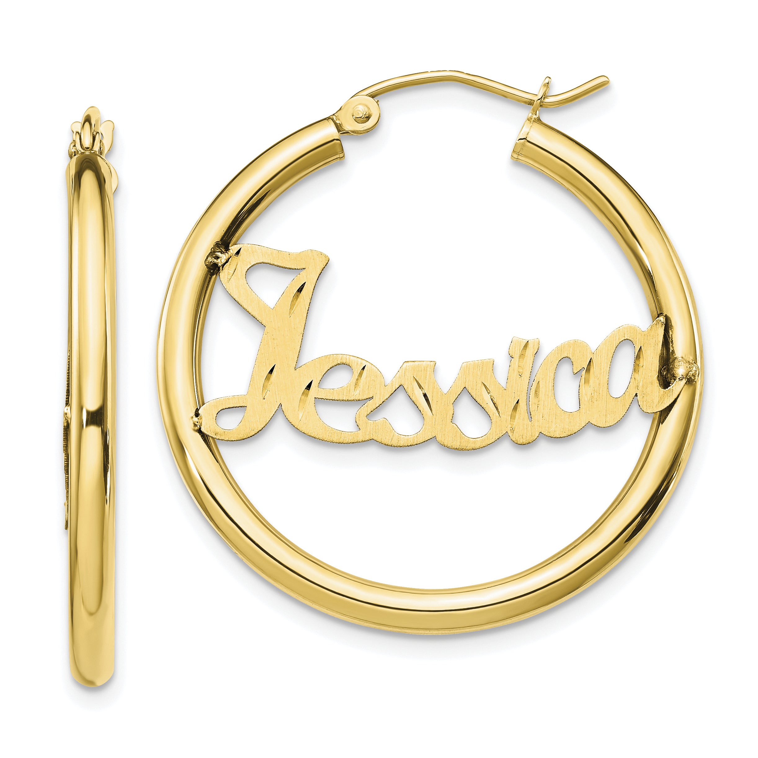 10k Yellow Gold Satin and Diamond-cut Name Plate Hoop Earrings