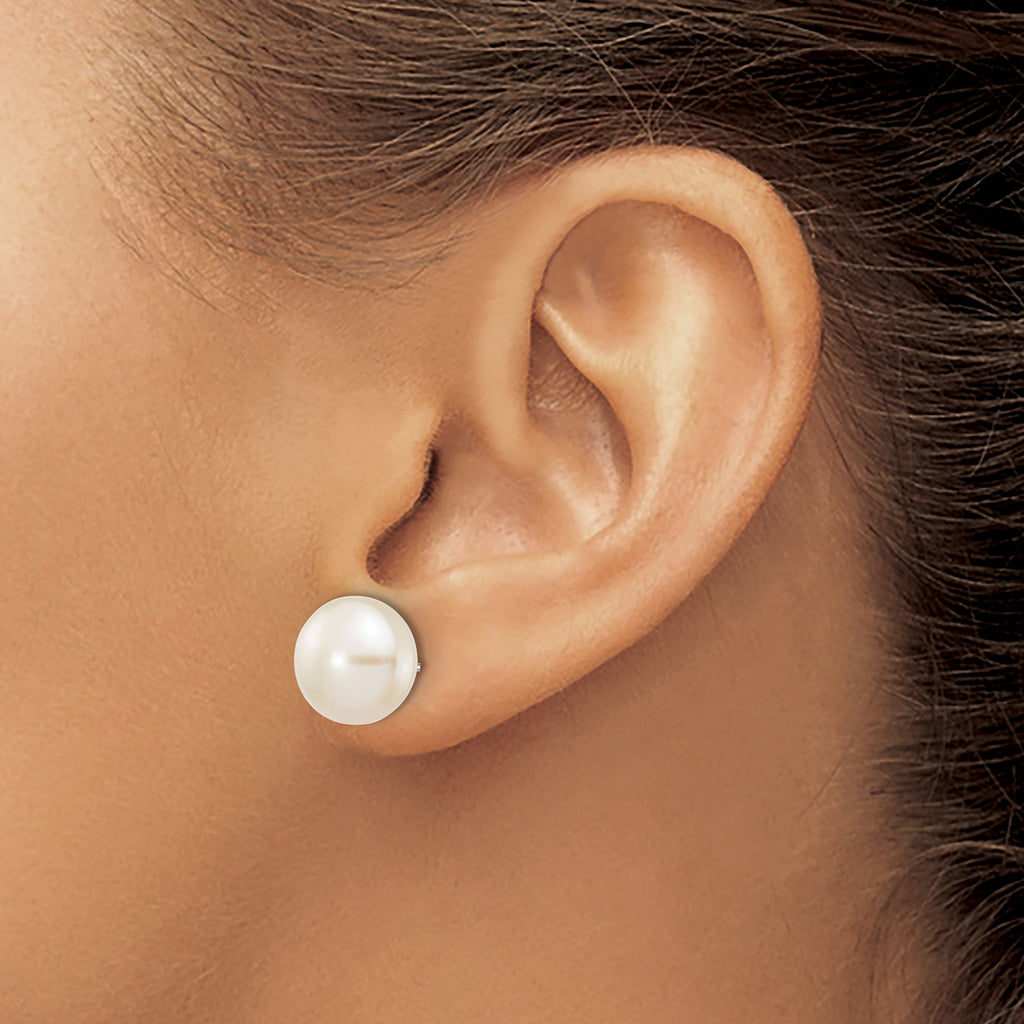 10k White Gold 10-11mm White Button Freshwater Cultured Pearl Stud Post Earrings