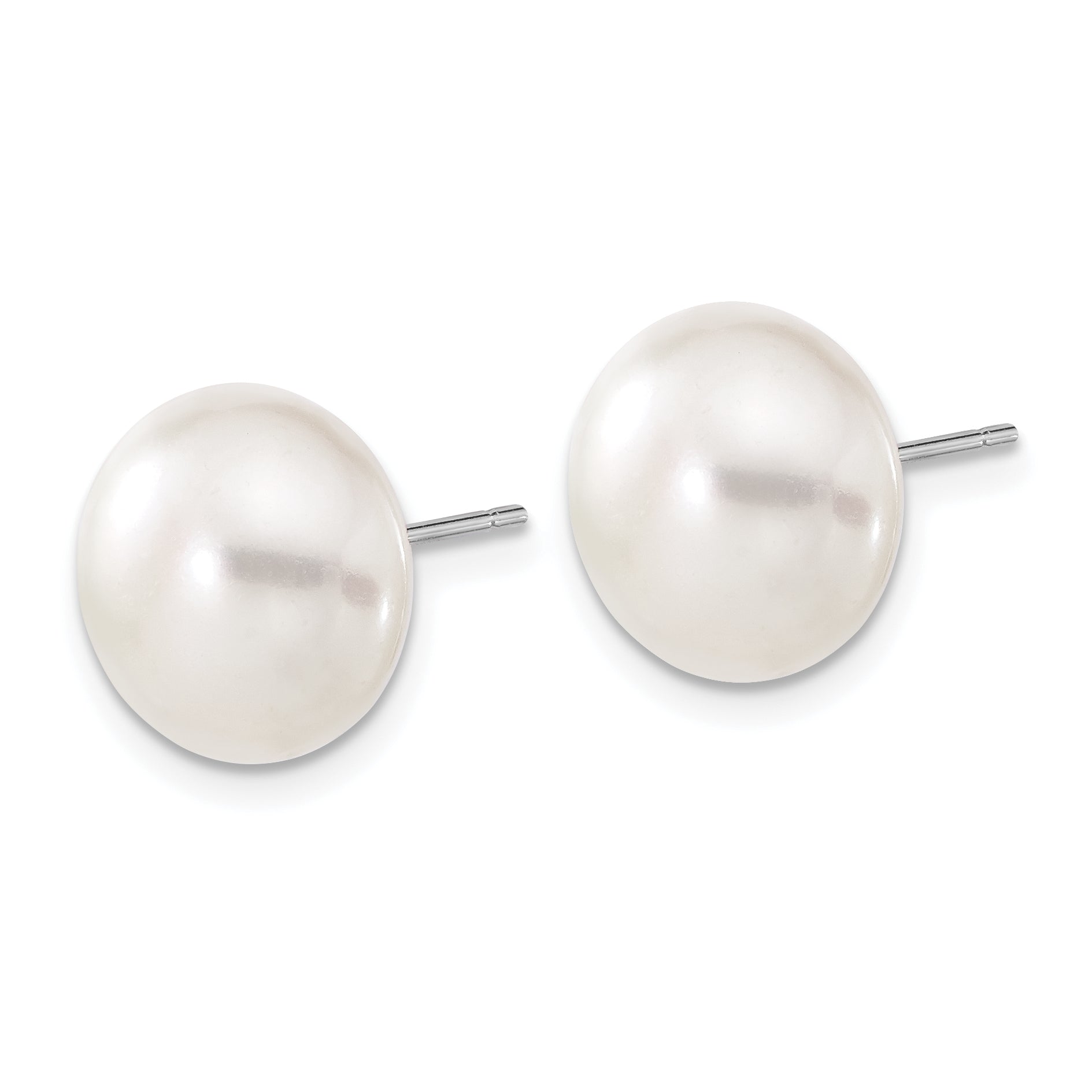 10k White Gold 11-12mm White Button Freshwater Cultured Pearl Stud Post Earrings Secondary image
