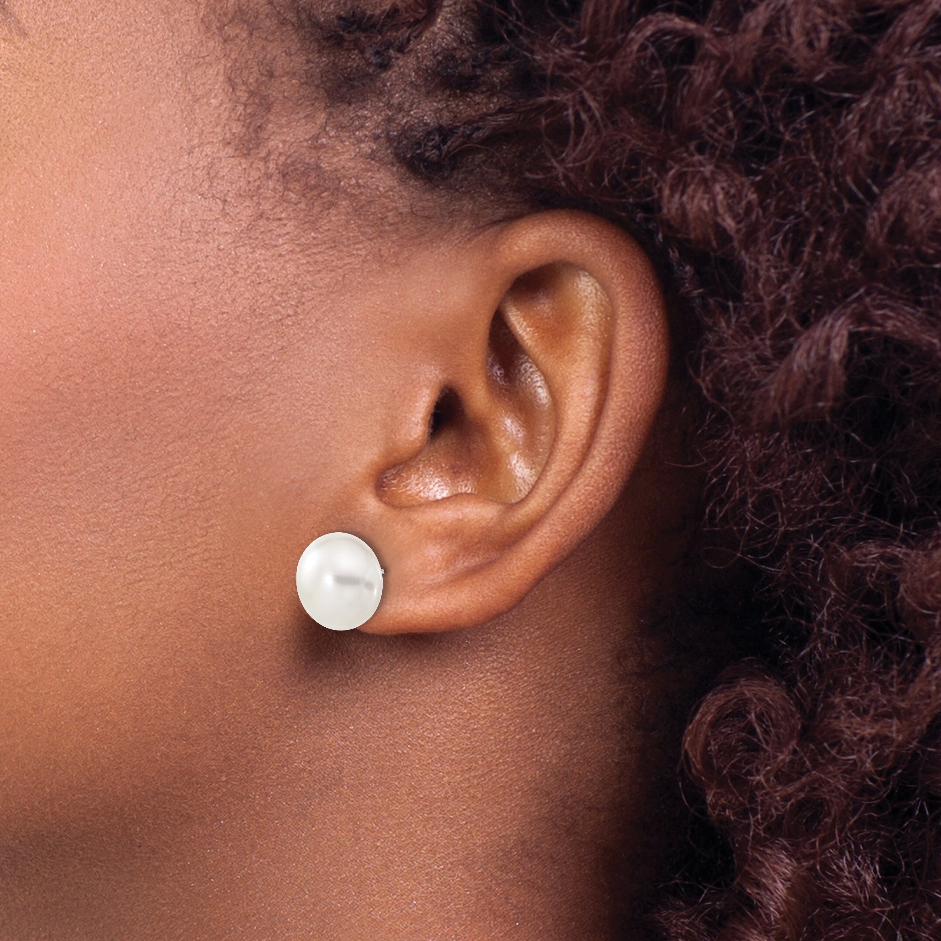 10k White Gold 11-12mm White Button Freshwater Cultured Pearl Stud Post Earrings