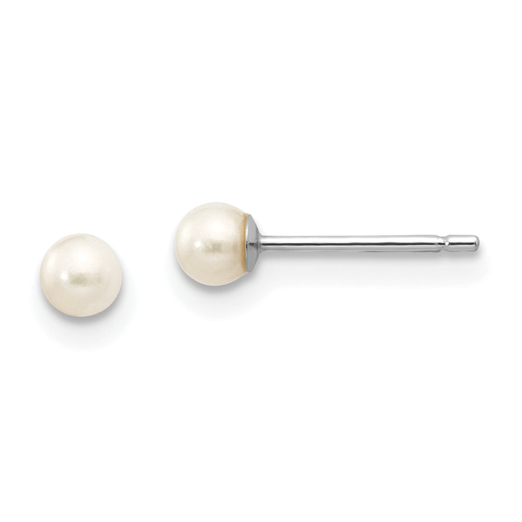 10k White Gold 3-4mm White Round Freshwater Cultured Pearl Stud Post Earrings