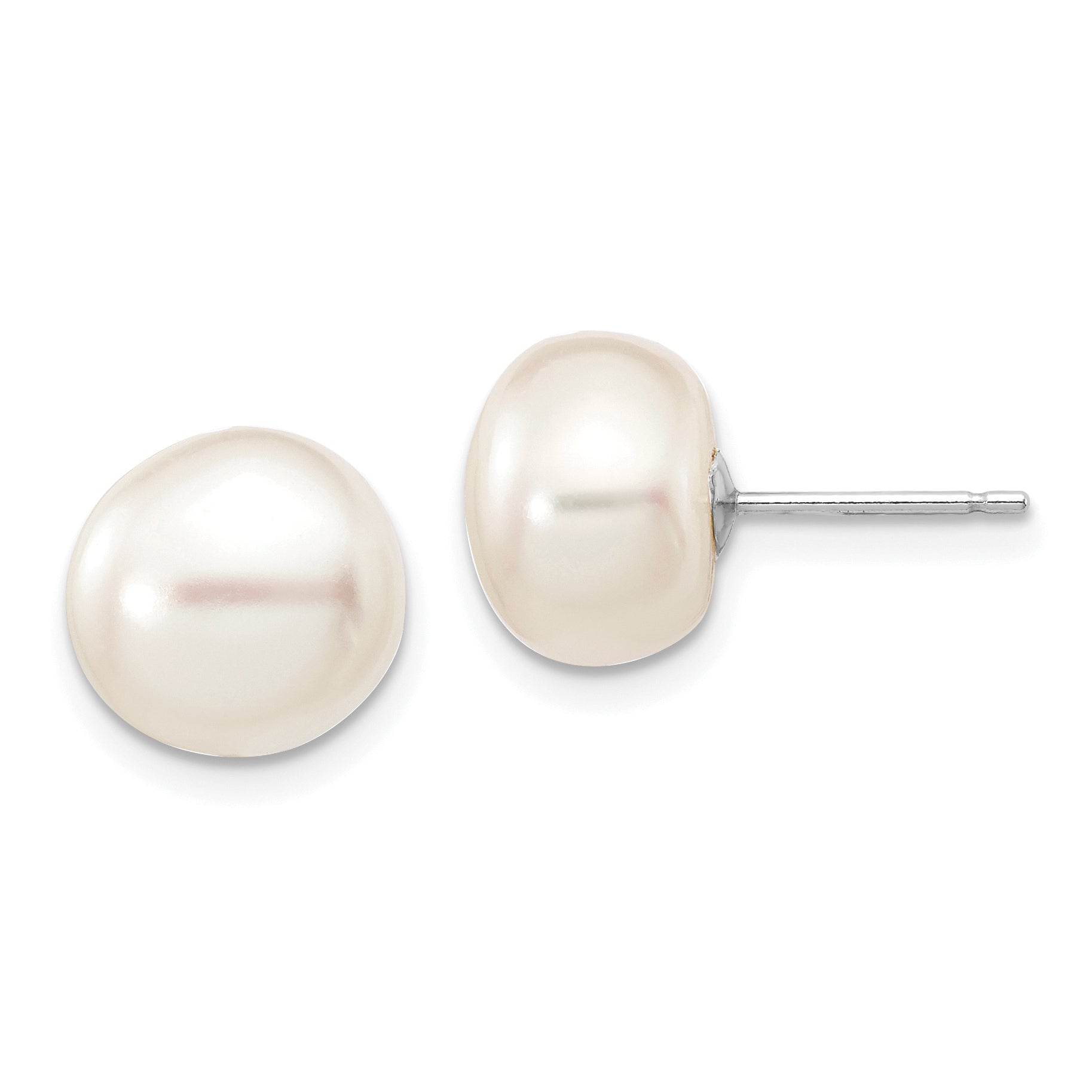 10k White Gold 9-10mm White Button Freshwater Cultured Pearl Stud Post Earrings Main image