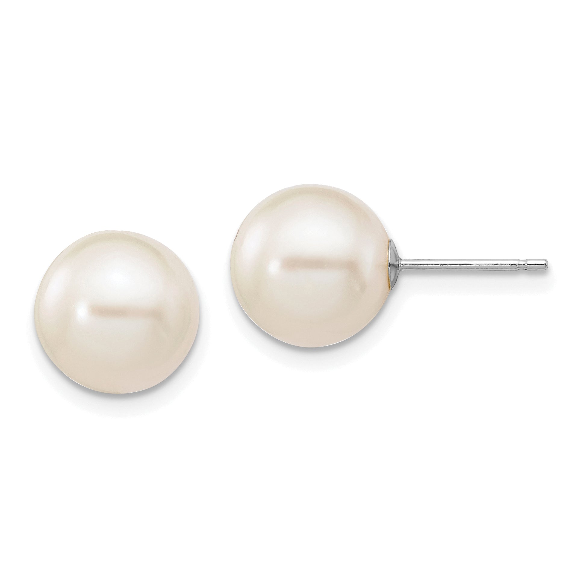 10k White Gold 9-10mm White Round Freshwater Cultured Pearl Stud Post Earrings Main image