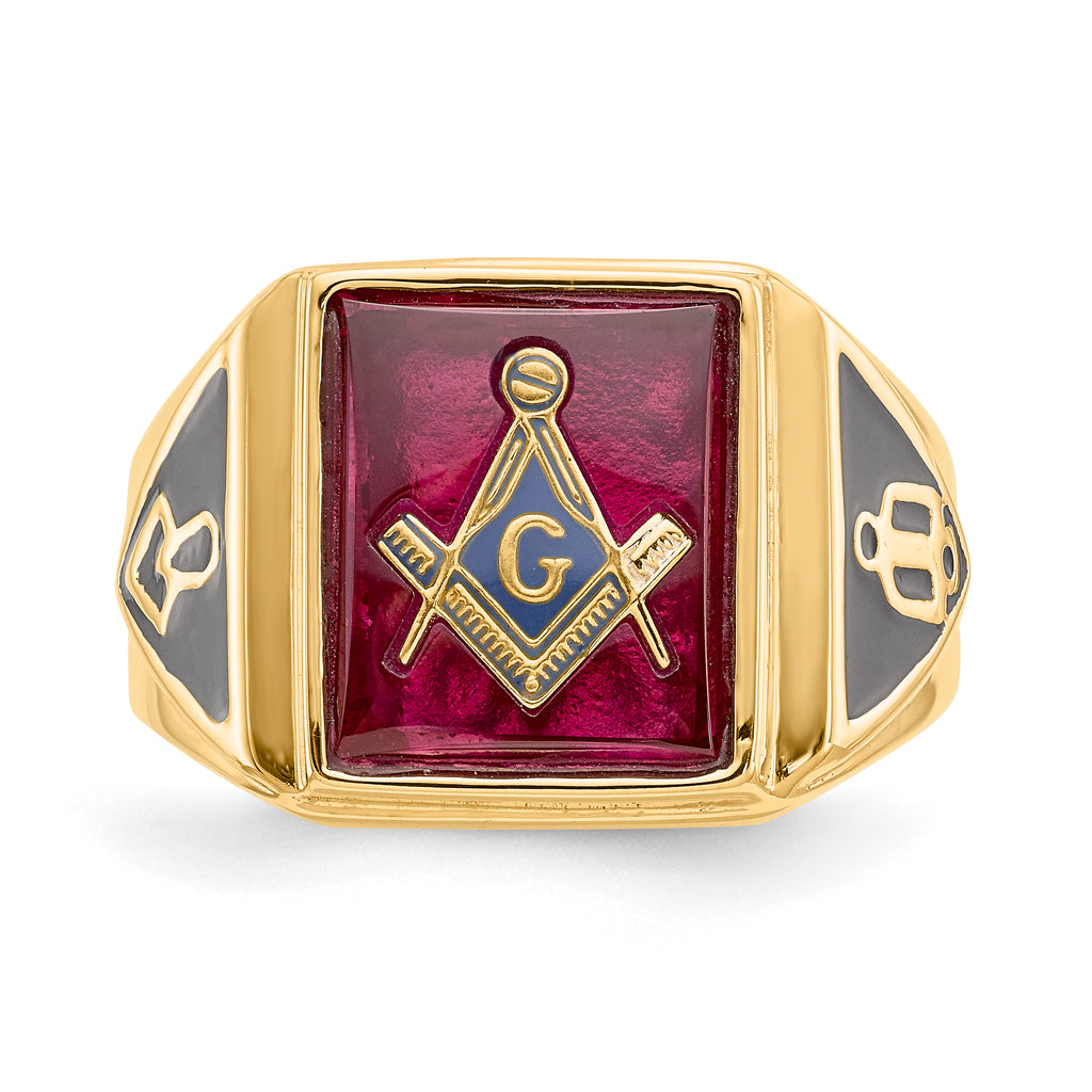 10k Men's Polished and Textured with Black Enamel and Lab Created Ruby Masonic Ring