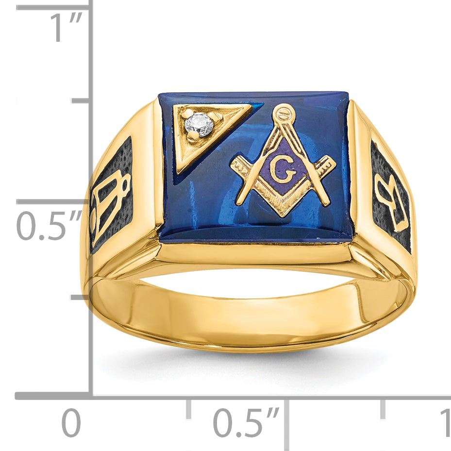 10 Karat Men's Polished and Textured with Black Enamel, Imitation Blue Spinel and AA Quality Diamond Masonic Ring - View 8