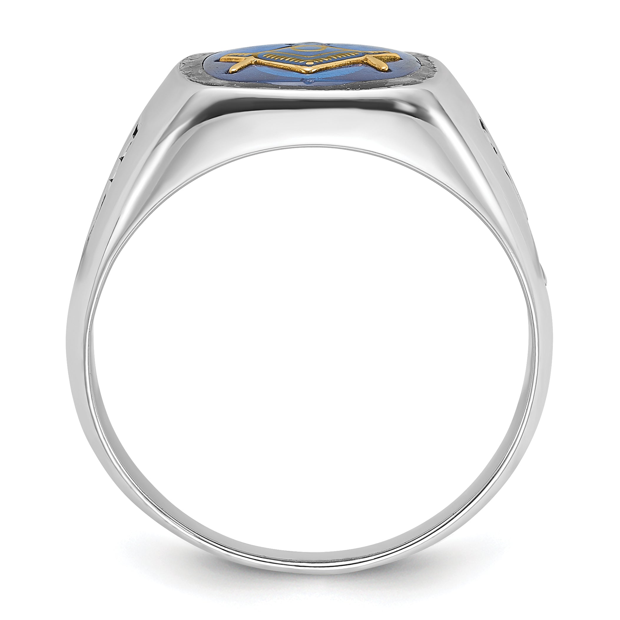 10k White Gold Men's Polished and Grooved with Black Enamel and Imitation Blue Spinel Masonic Ring Secondary image