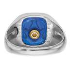 10k White Gold Men's Polished and Grooved with Black Enamel and Imitation Blue Spinel Masonic Ring