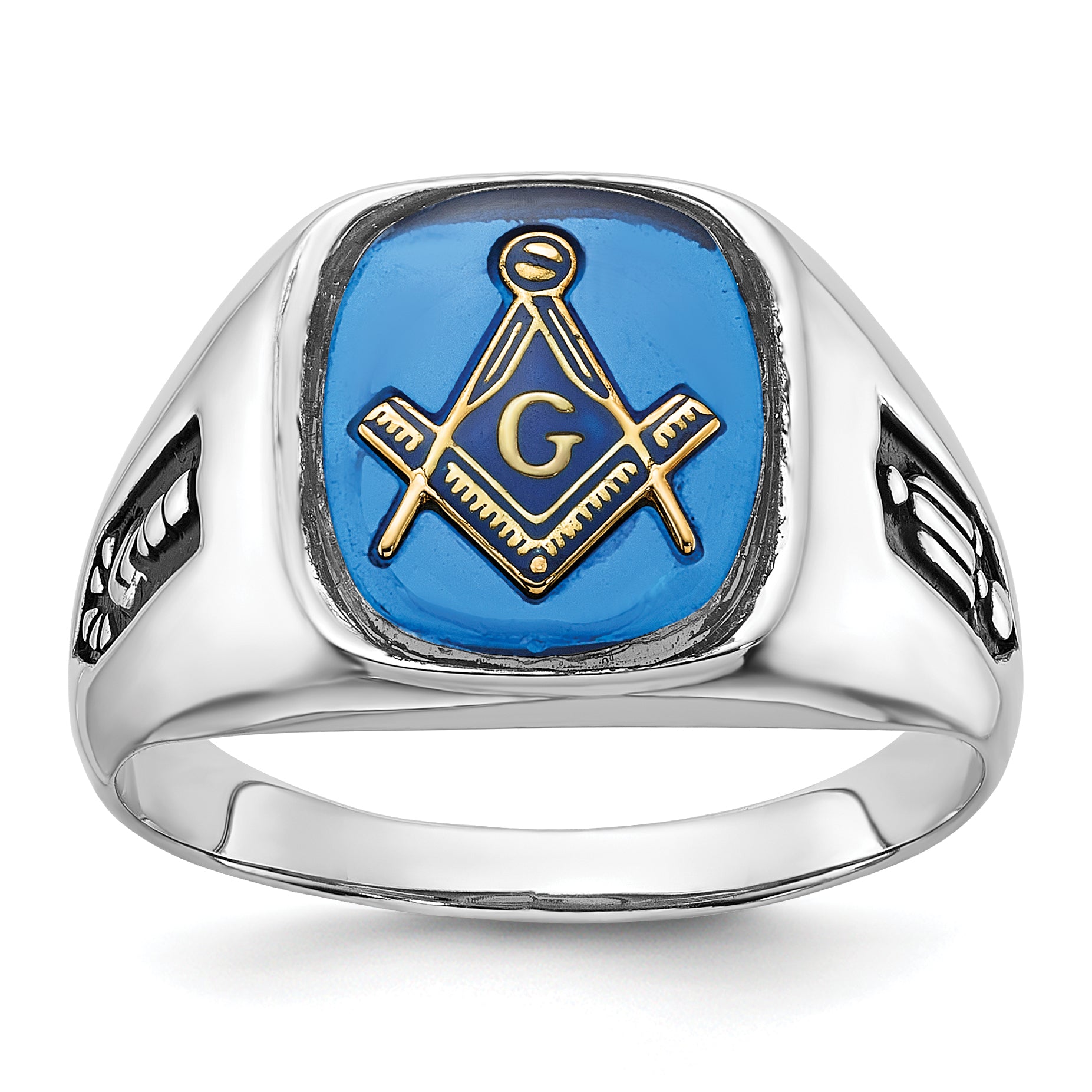 10k White Gold Men's Polished and Grooved with Black Enamel and Imitation Blue Spinel Masonic Ring Main image