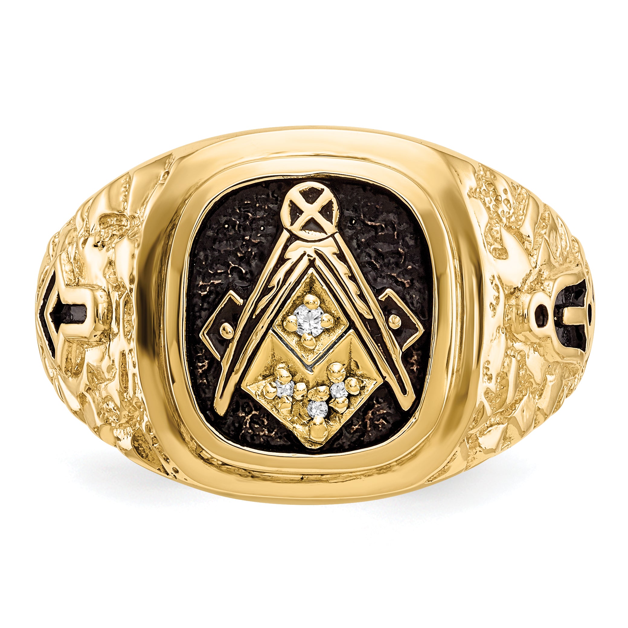 10 Karat Polished, Antiqued and Nugget Texture AA Quality Diamond Masonic Ring - View 4