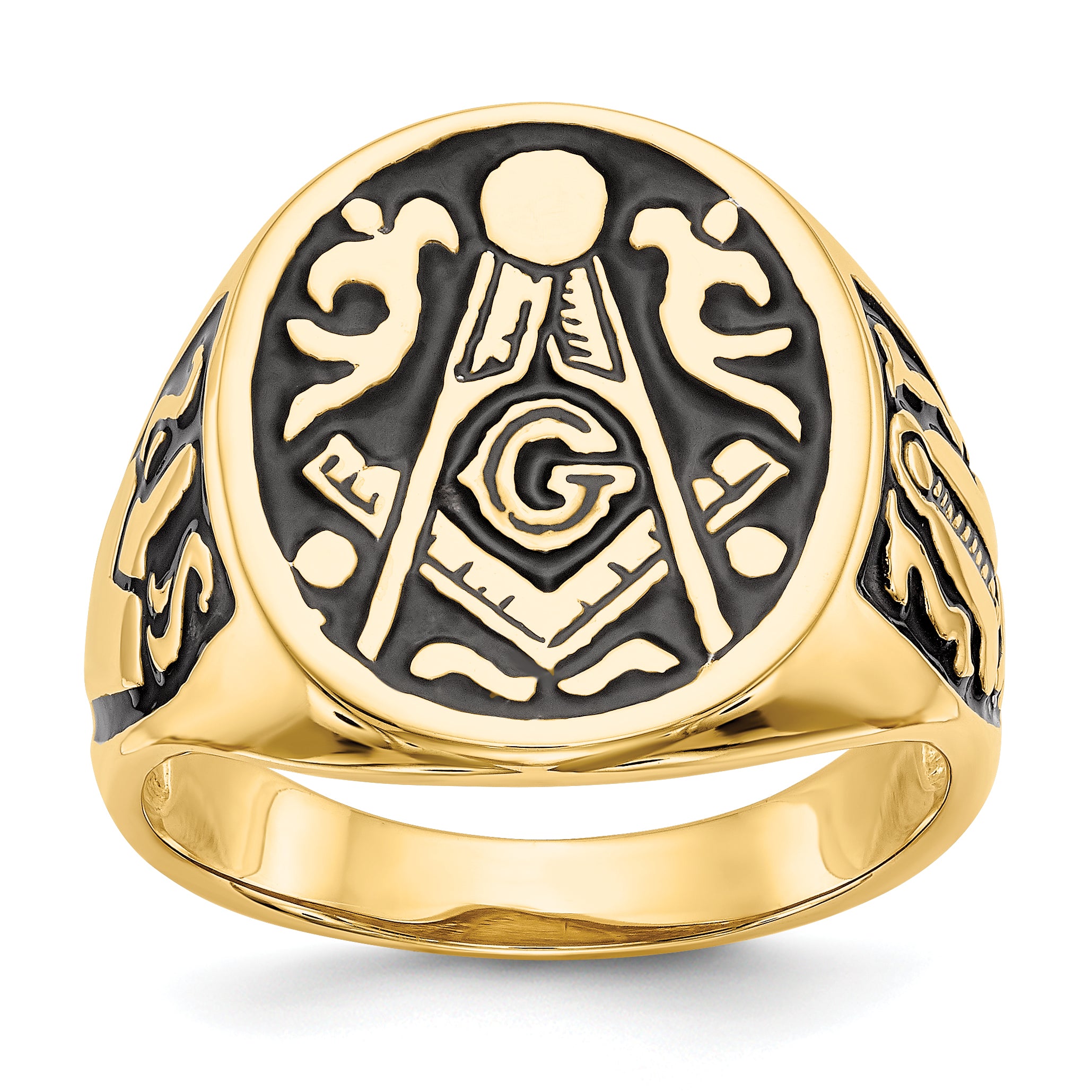 10k Men's Polished and Grooved with Black Enamel Masonic Ring Main image