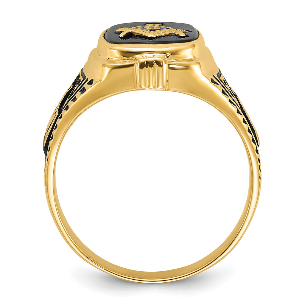 10k Men's Polished, Antiqued and Textured with Onyx Masonic Ring