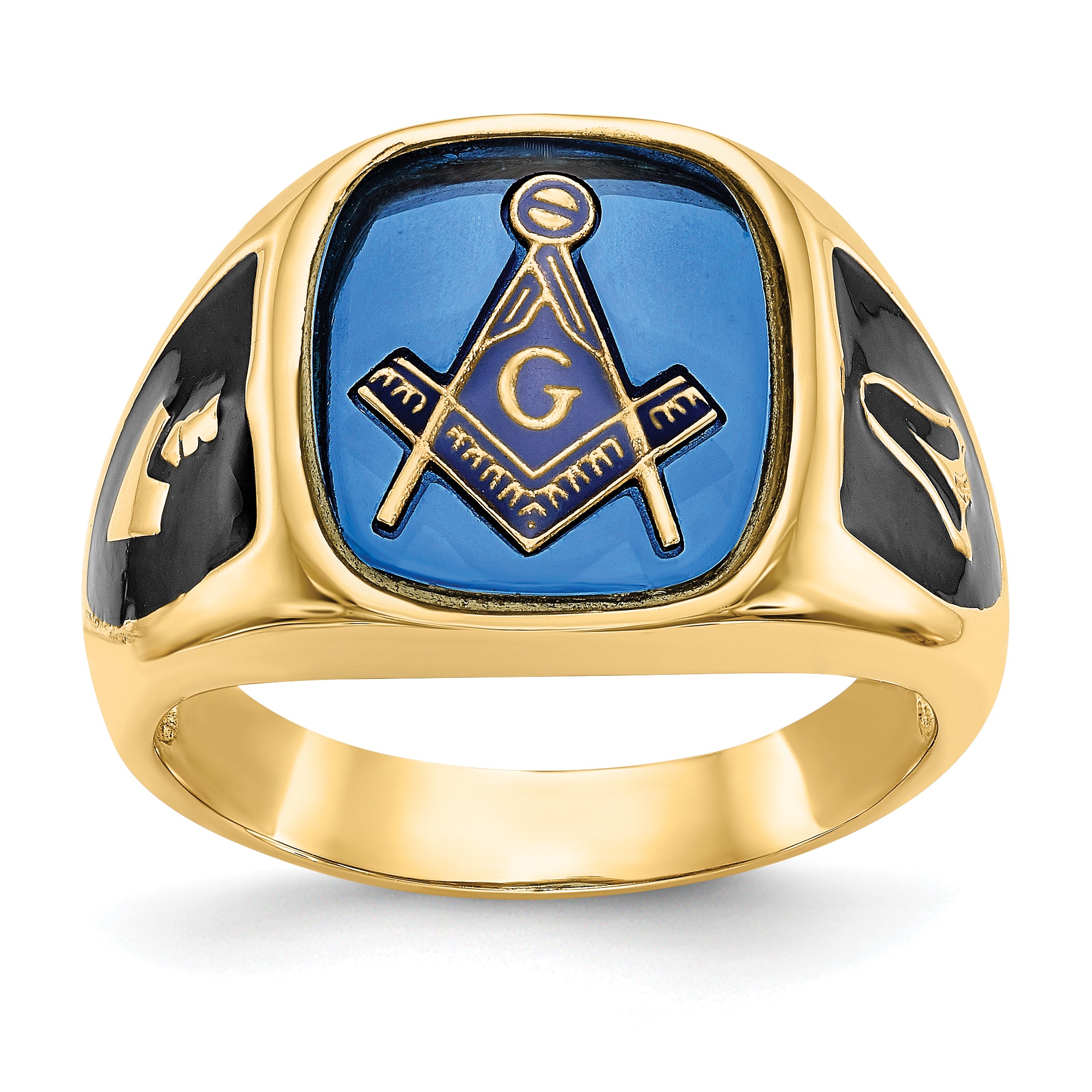 10k Men's Polished, Antiqued and Textured with Imitation Blue Spinel Masonic Ring Main image