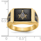10k Men's Polished and Textured with Black Enamel and Onyx Masonic Ring