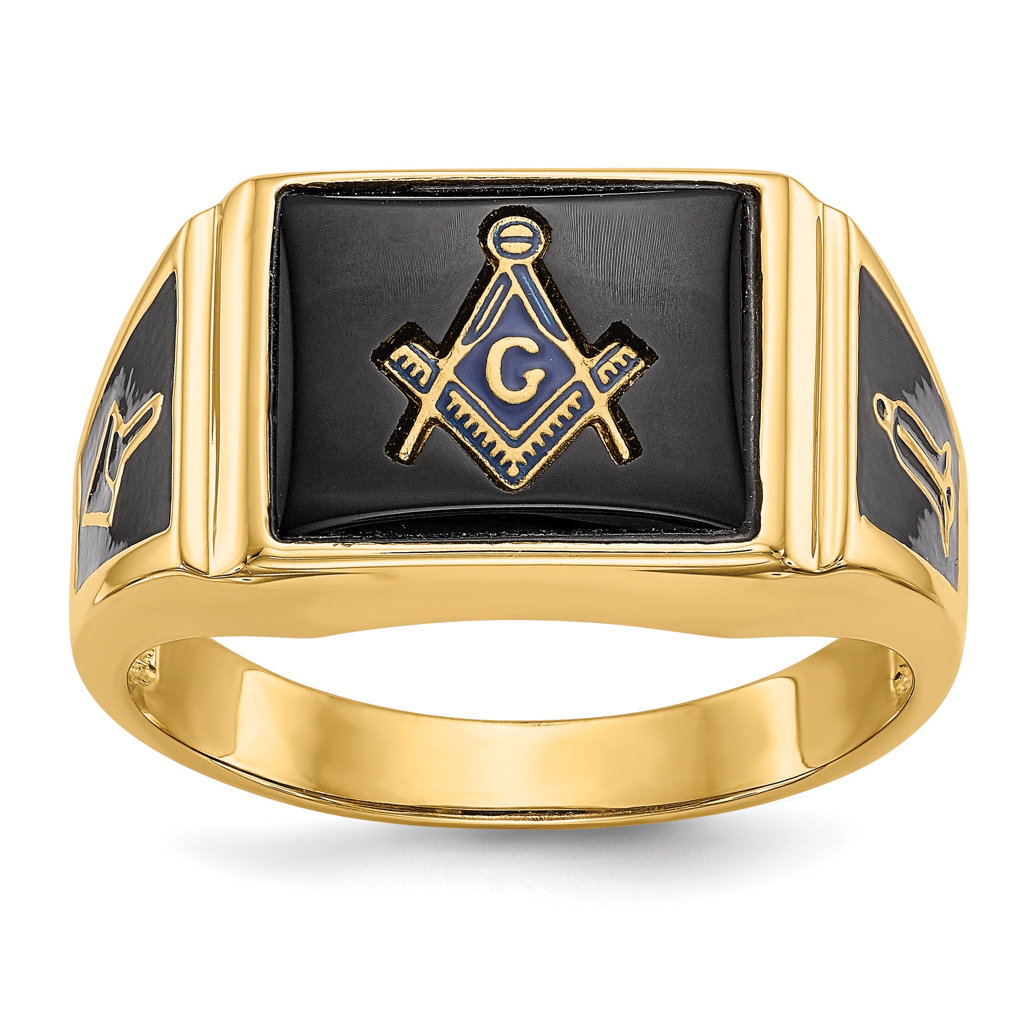 10k Men's Polished and Textured with Black Enamel and Onyx Masonic Ring Main image