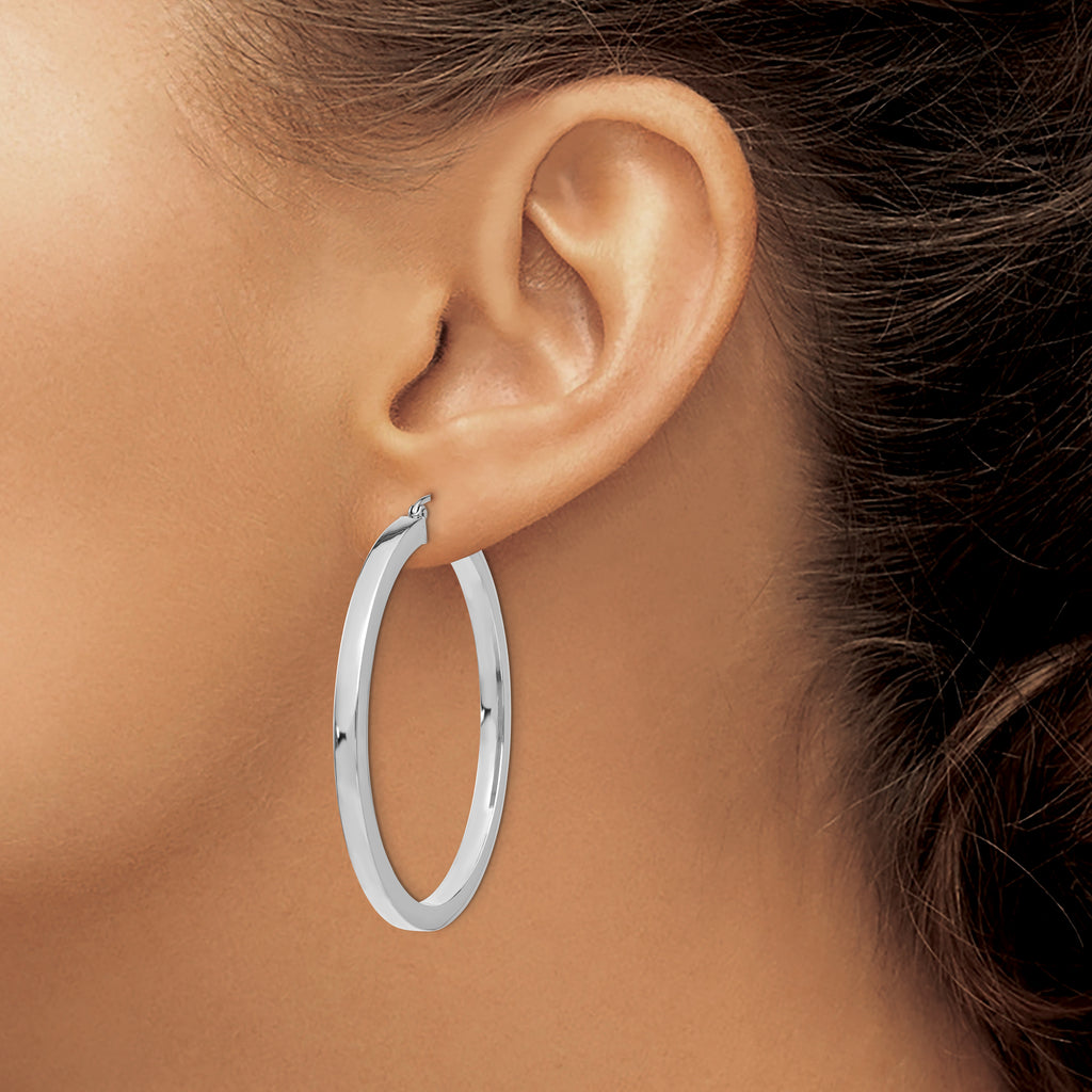 10k White Gold 3mm Polished Square Tube Hoop Earrings