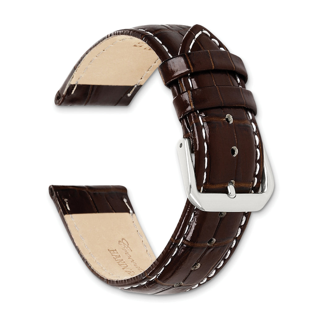Brown Crocodile-Grain Leather Watch Band with White Stitching and Silver-Tone Buckle