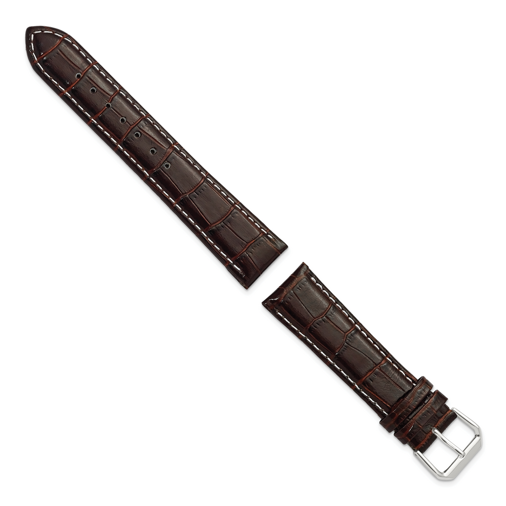 DeBeer 12mm Brown Crocodile Grain Leather with White Stitching and Silver-tone Buckle 6.75 inch Watch Band - View 2