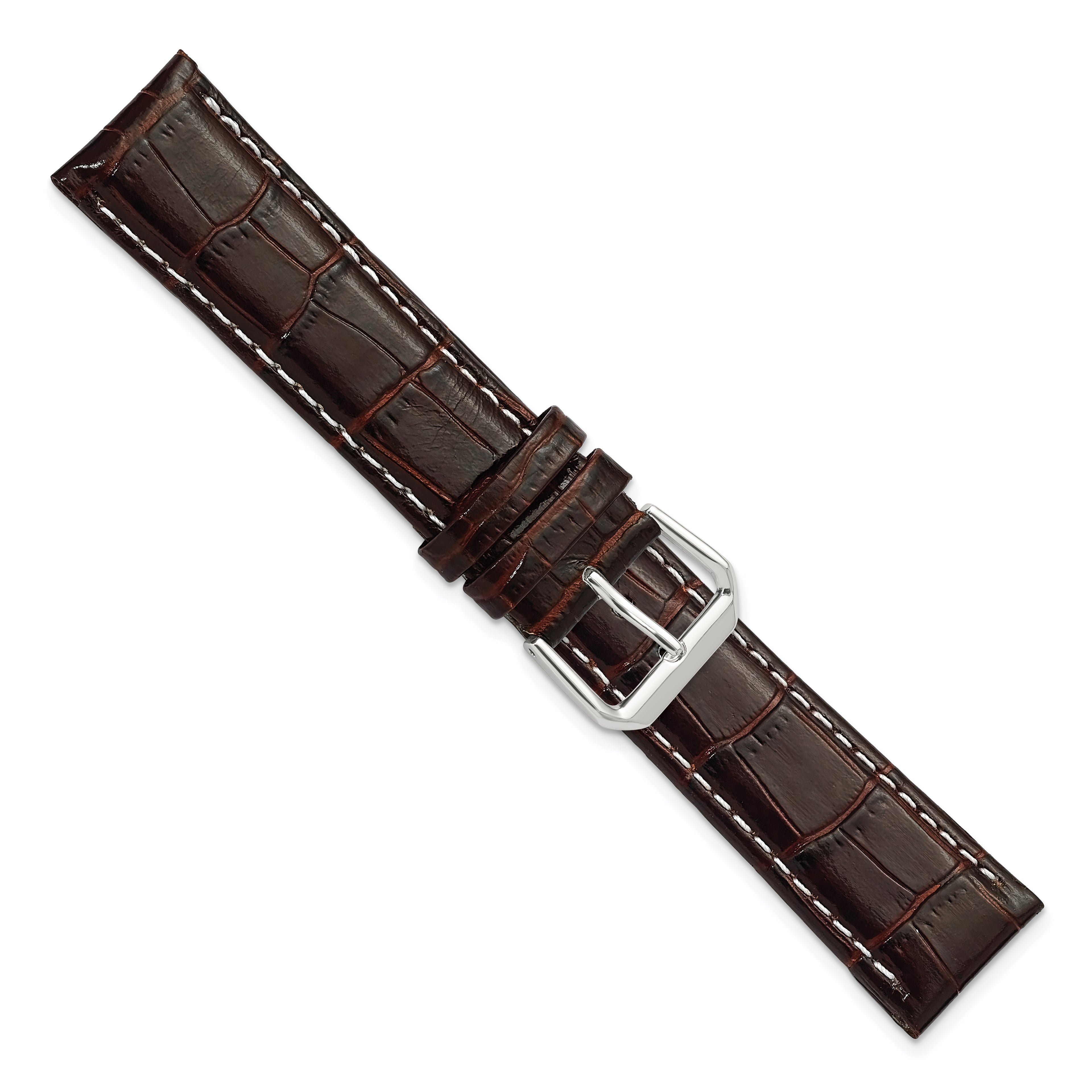 DeBeer 12mm Brown Crocodile Grain Leather with White Stitching and Silver-tone Buckle 6.75 inch Watch Band - View 4