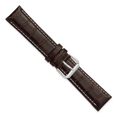20mm Brown Crocodile Grain Leather with White Stitching and Silver-tone Buckle 7.5 inch Watch Band