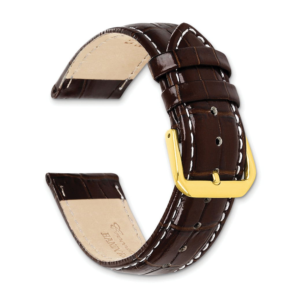 12mm Brown Crocodile Grain Leather with White Stitching and Gold-tone Buckle 6.75 inch Watch Band