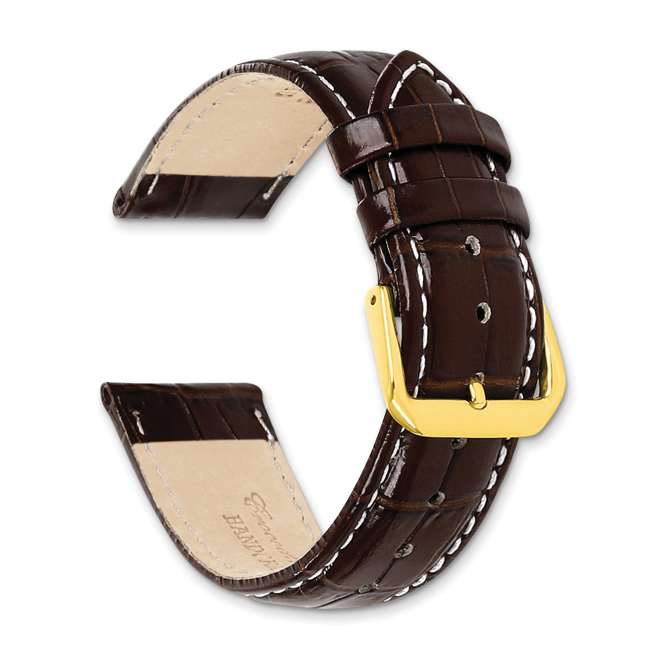 12mm Brown Crocodile Grain Leather with White Stitching and Gold-tone Buckle 6.75 inch Watch Band