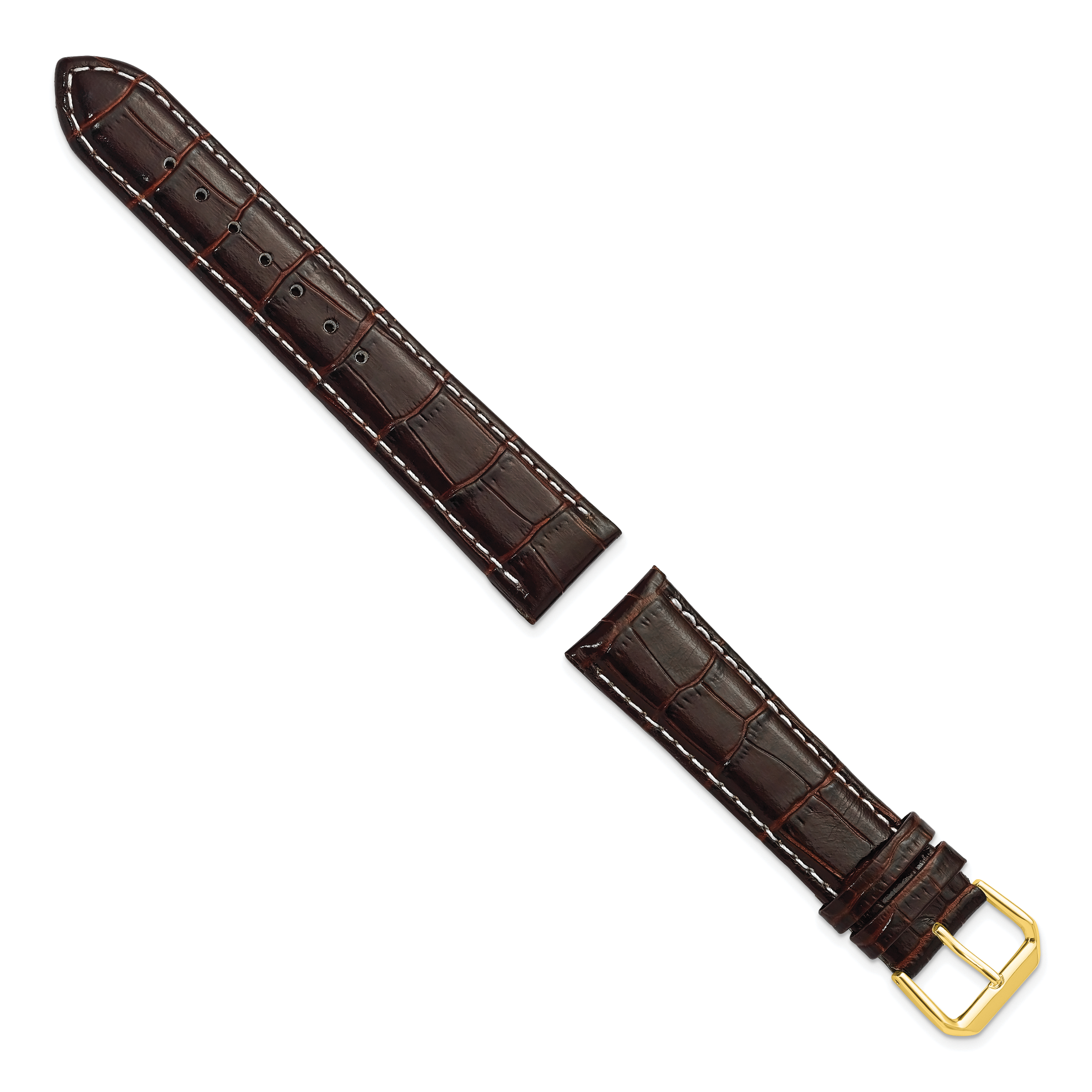 12mm Brown Crocodile Grain Leather with White Stitching and Gold-tone Buckle 6.75 inch Watch Band