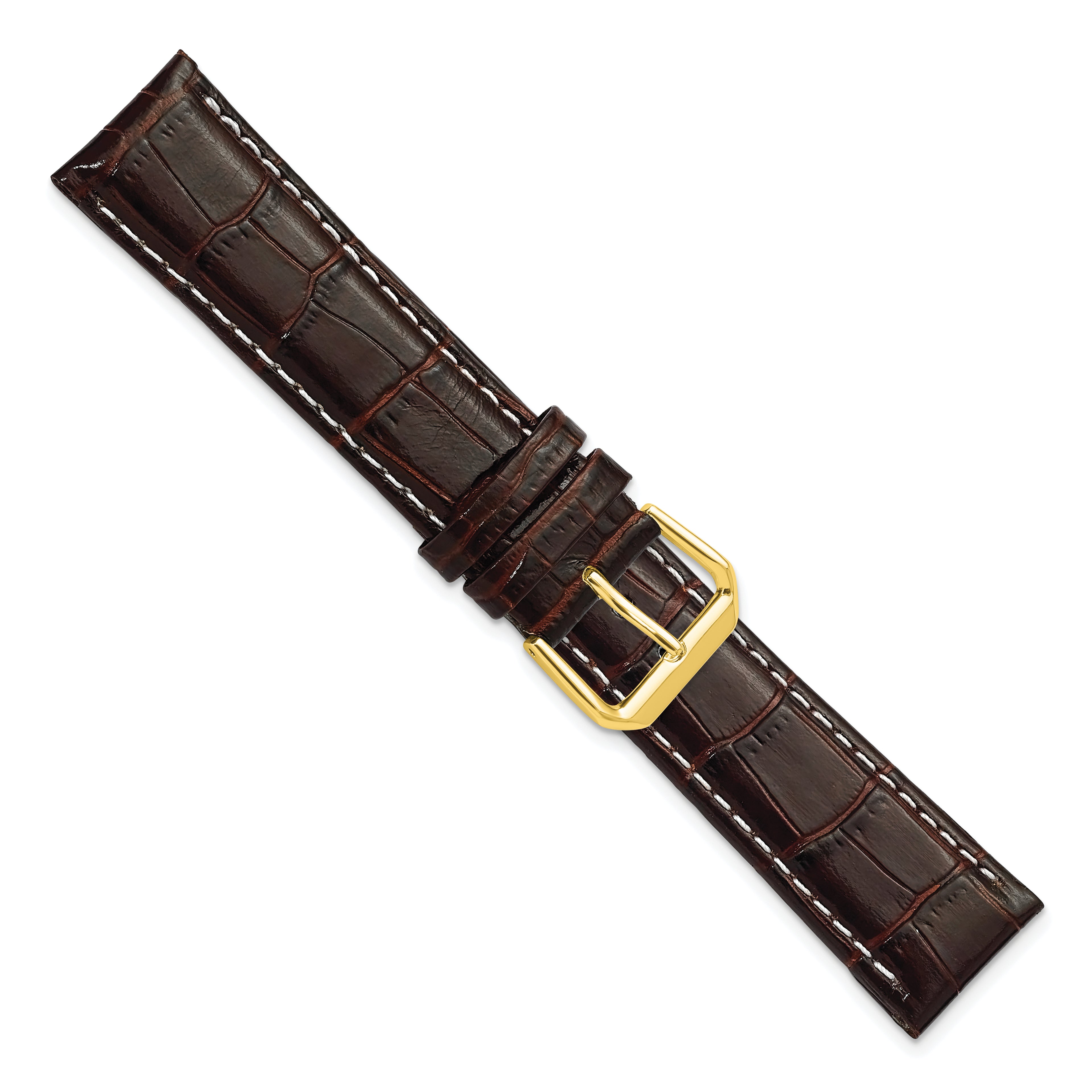 12mm Brown Crocodile Grain Leather with White Stitching and Gold-tone Buckle 6.75 inch Watch Band