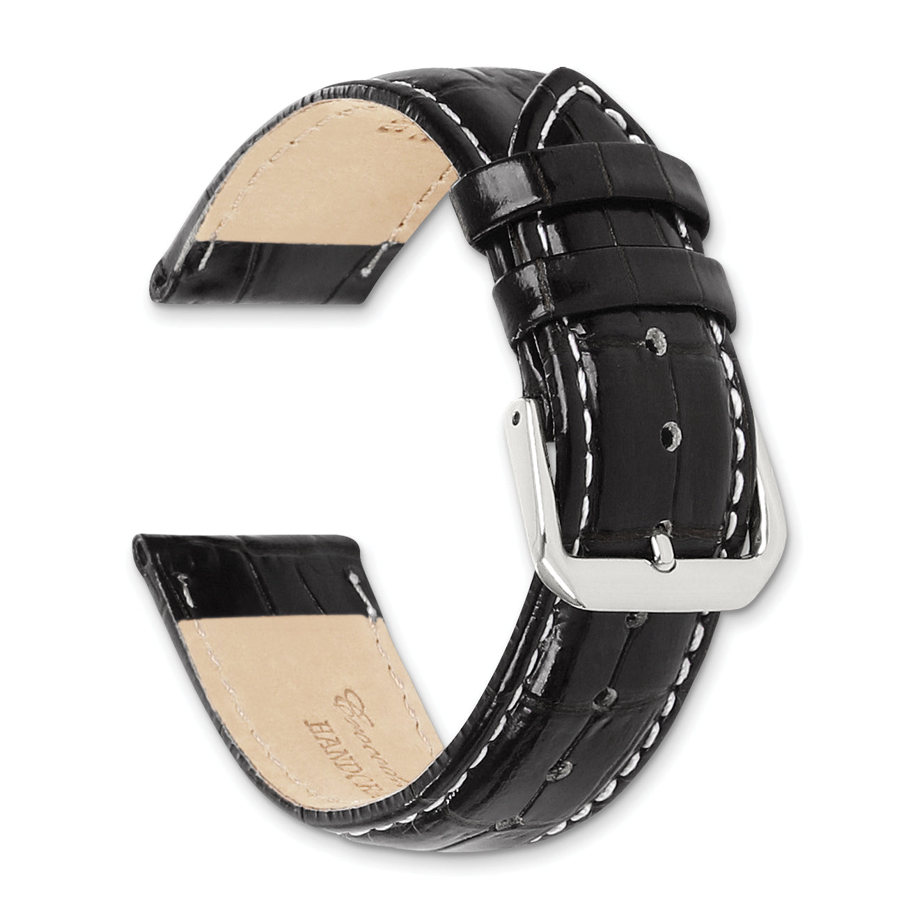 12mm Black Crocodile Grain Leather with White Stitching and Silver-tone Buckle 6.75 inch Watch Band