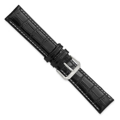20mm Black Crocodile Grain Leather with White Stitching and Silver-tone Buckle 7.5 inch Watch Band