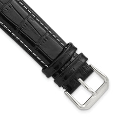 20mm Black Crocodile Grain Leather with White Stitching and Silver-tone Buckle 7.5 inch Watch Band