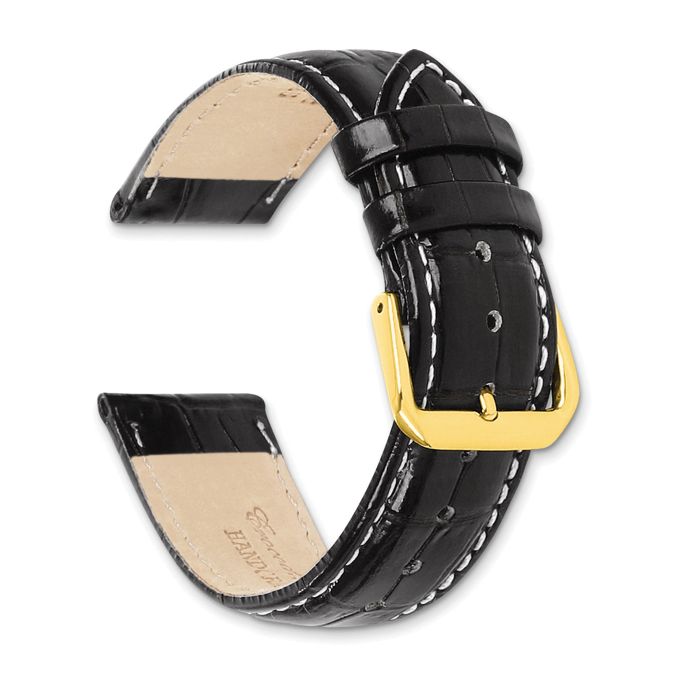 12mm Black Crocodile Grain Leather with White Stitching and Gold-tone Buckle 6.75 inch Band