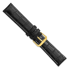 20mm Black Crocodile Grain Leather with White Stitching and Gold-tone Buckle 7.5 inch Band