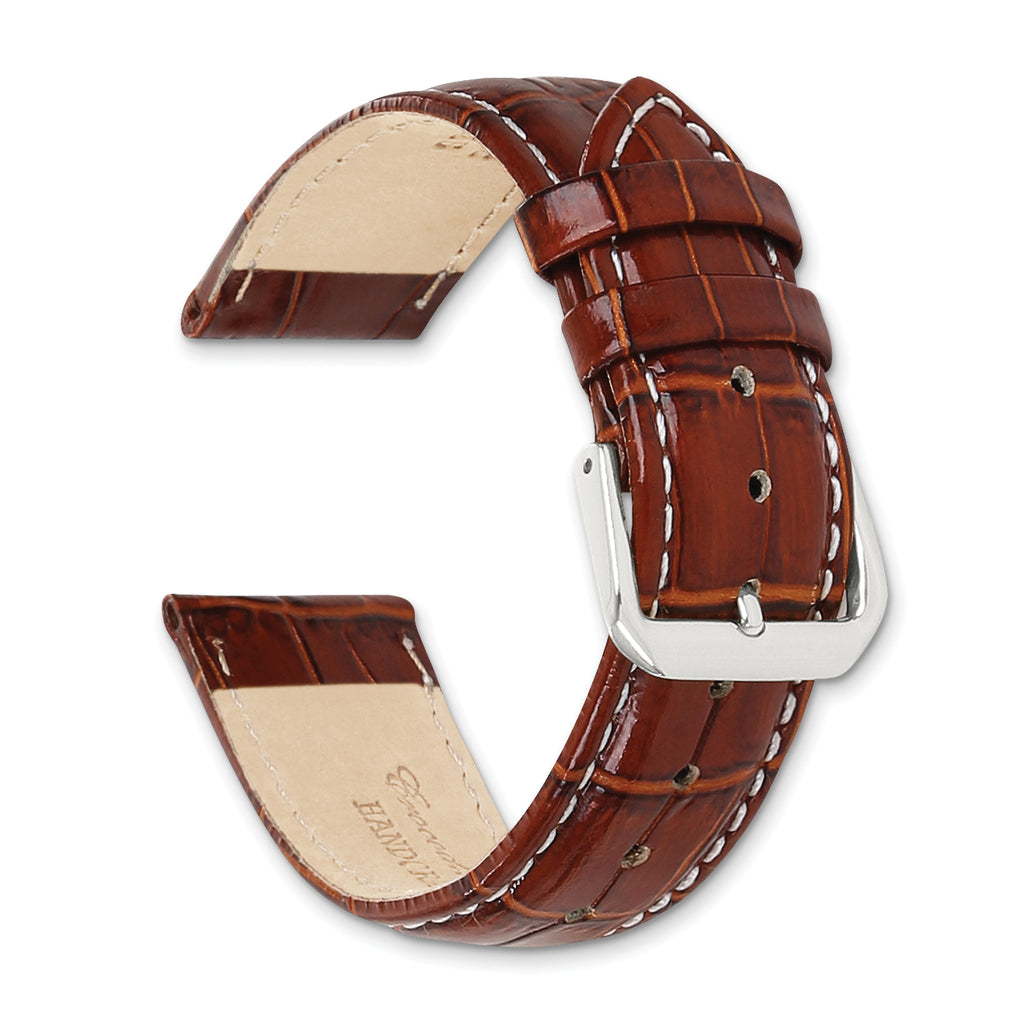 White Crocodile-Grain Leather Watch Band with White Stitching and Silver-Tone Buckle 20mm