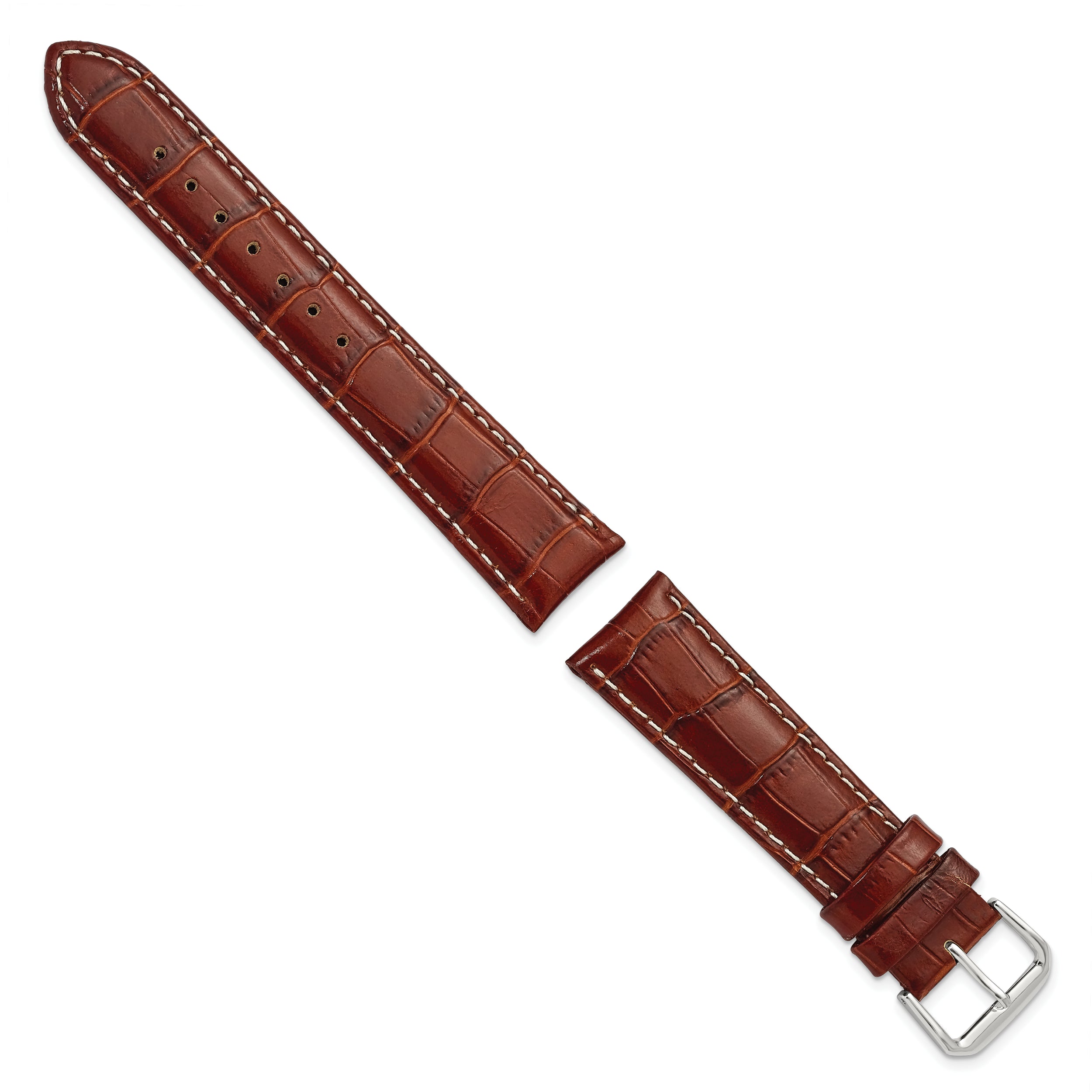 20mm Havana Crocodile Grain Leather with White Stitching and Silver-tone Buckle 7.5 inch Watch Band