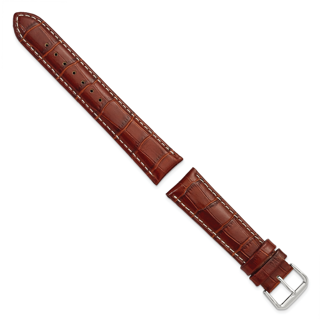 16mm Havana Crocodile Grain Leather with White Stitching and Silver-tone Buckle 7.5 inch Watch Band
