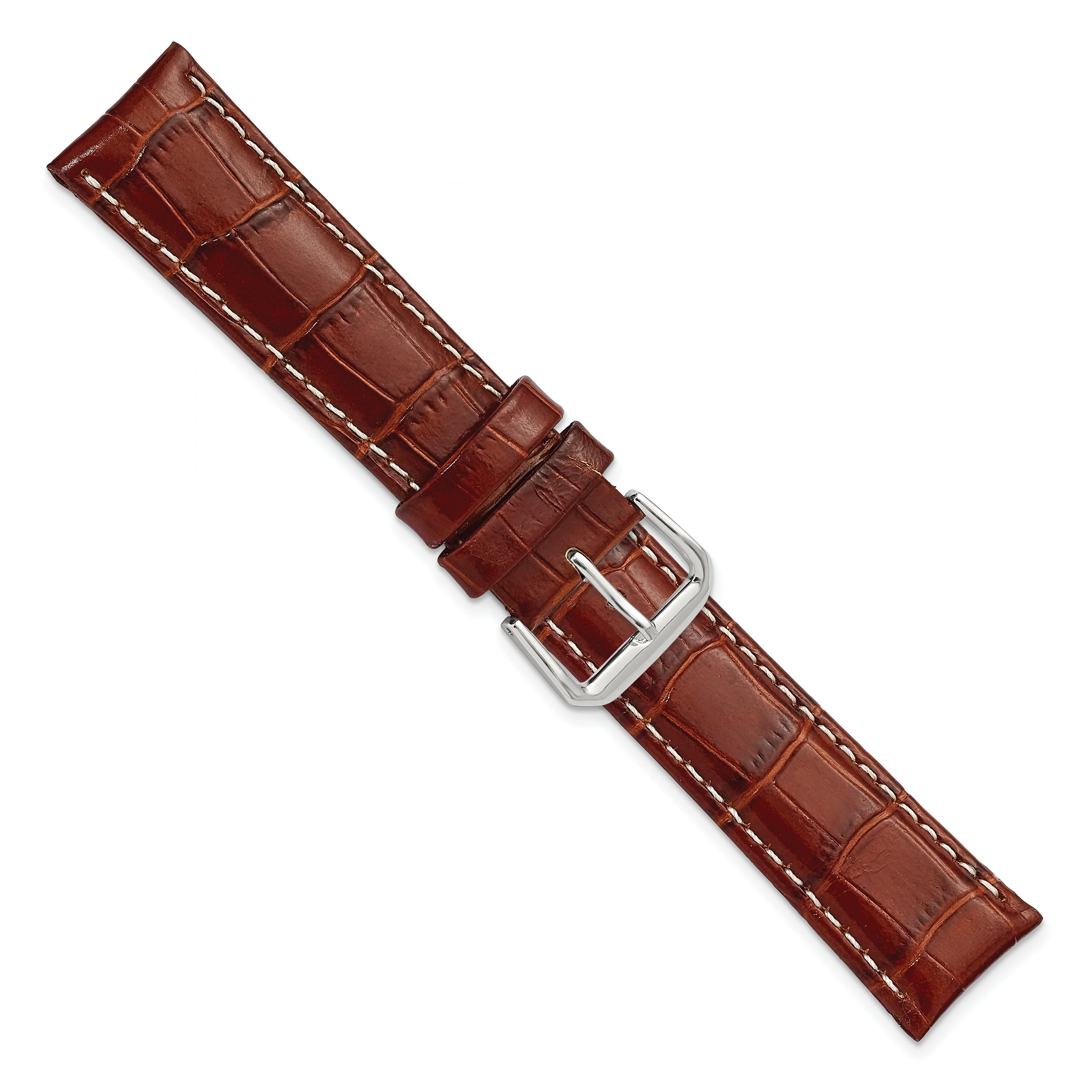 White Crocodile-Grain Leather Watch Band with White Stitching and Silver-Tone Buckle 20mm