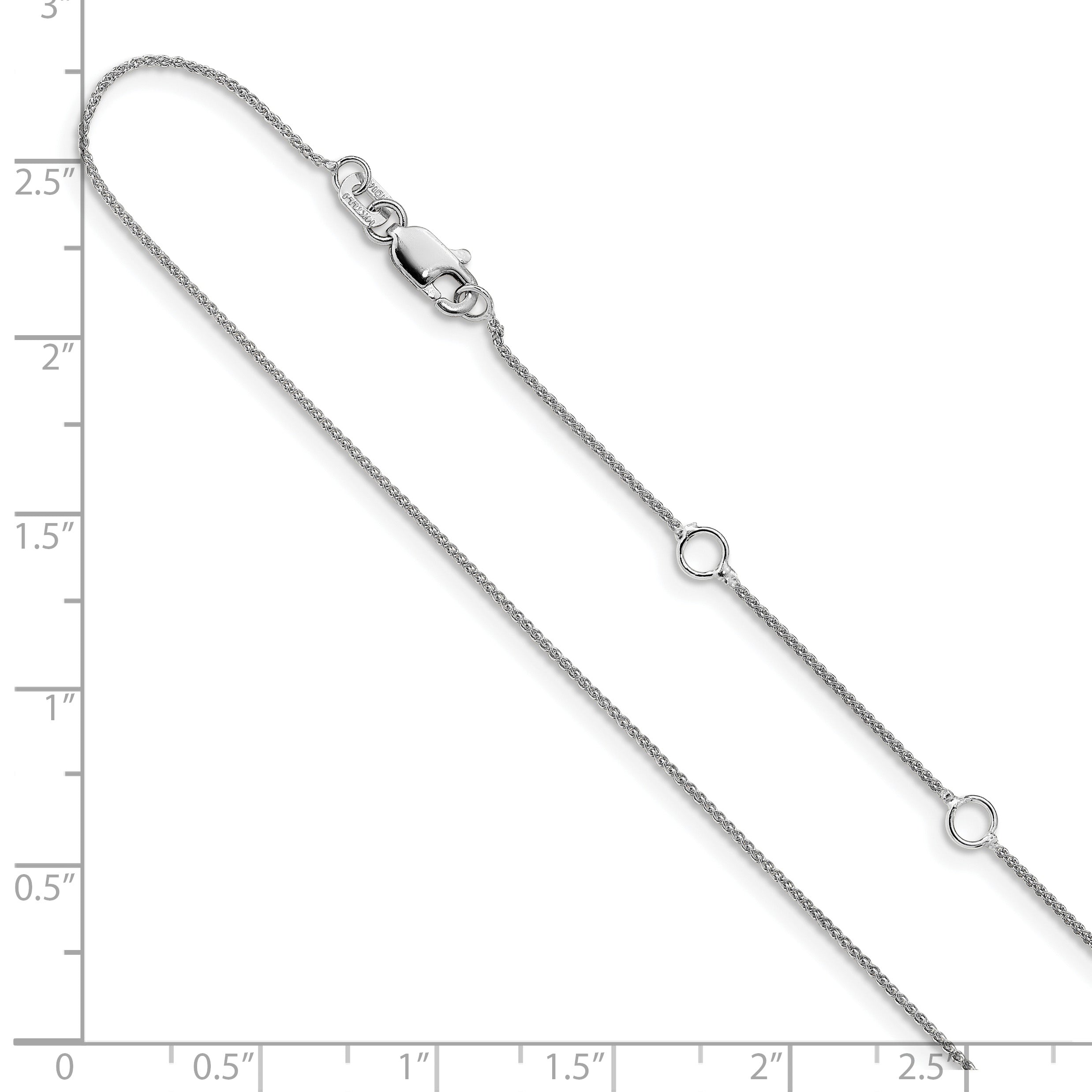 14K White Gold .8mm Baby Spiga 1in+1in Adjustable Chain