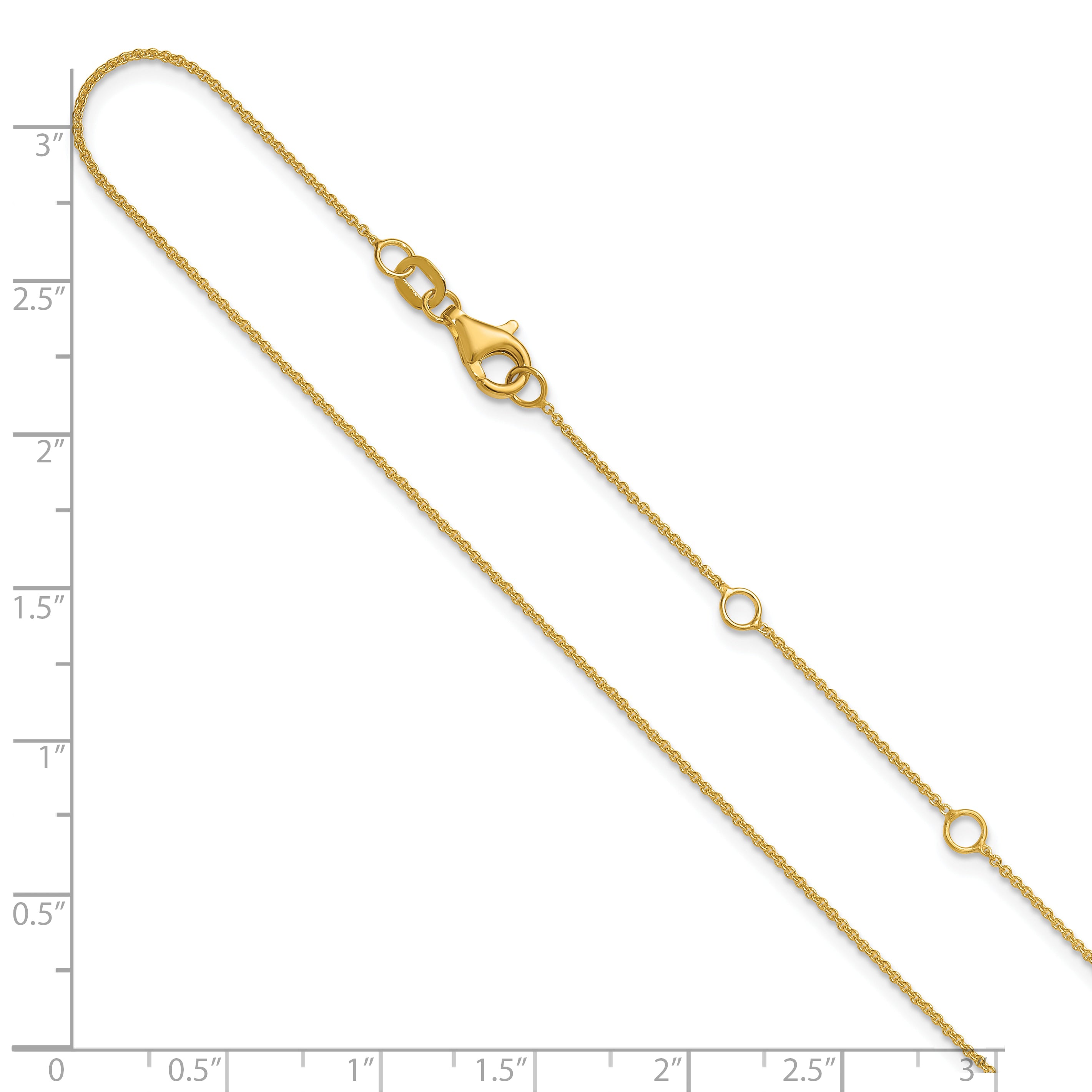14 Karat Yellow Gold .9mm Round Cable 1in+1in Adjustable Chain - View 6