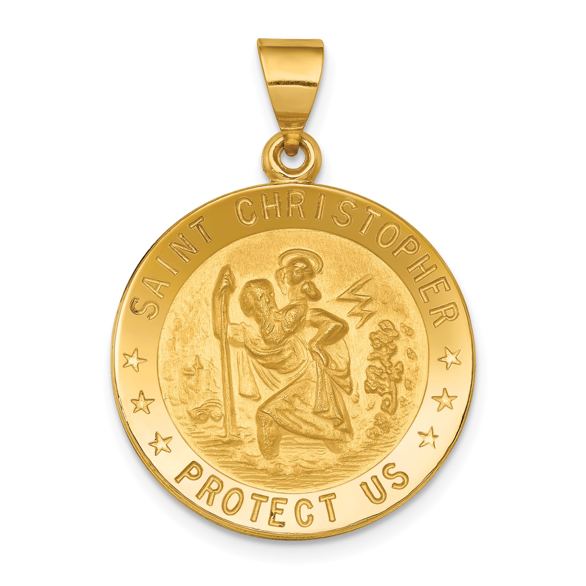 18k Polished and Satin Solid Saint Christopher Medal Round Pendant Main image