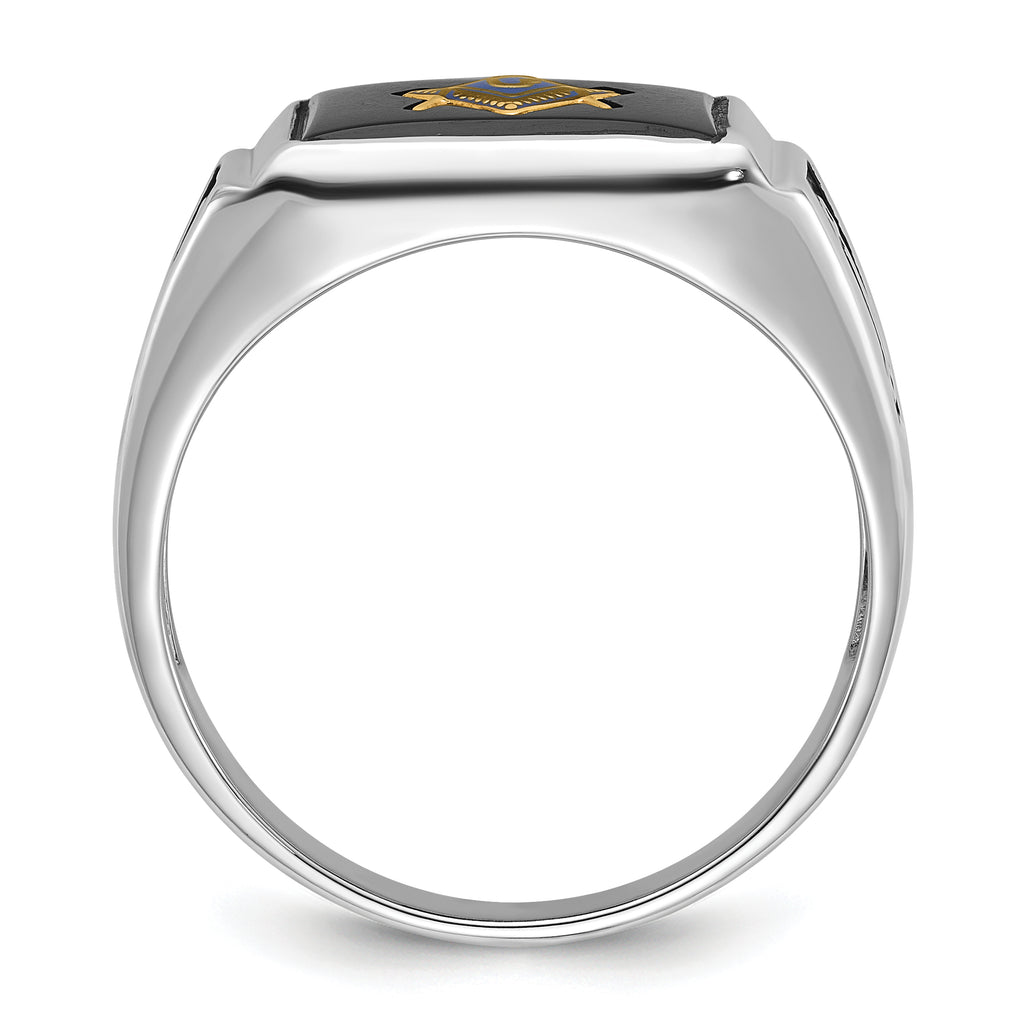 10k White Gold Men's Polished and Textured with Black Enamel and Onyx Masonic Ring